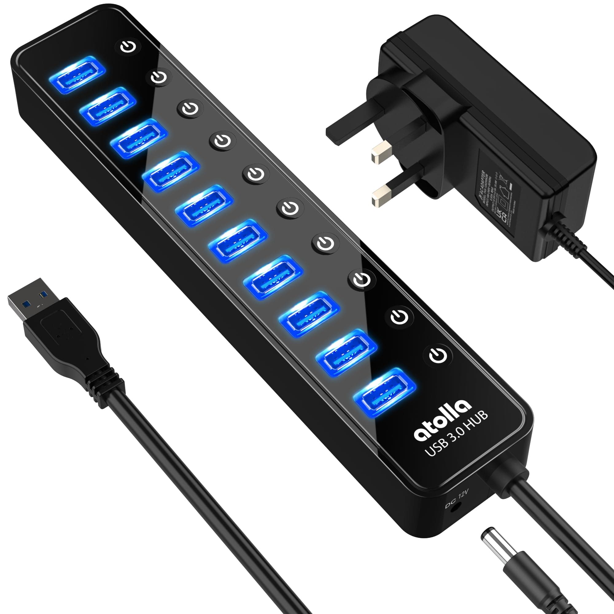 atolla Powered USB 3.0 Hub, 10 Ports Data Hub Splitter with Individual ON/Off Switches and 12V/2.5A Power Adapter Extension for Mouse, Keyboard, Hard Drive More Devices, Black, (QF-UD50)