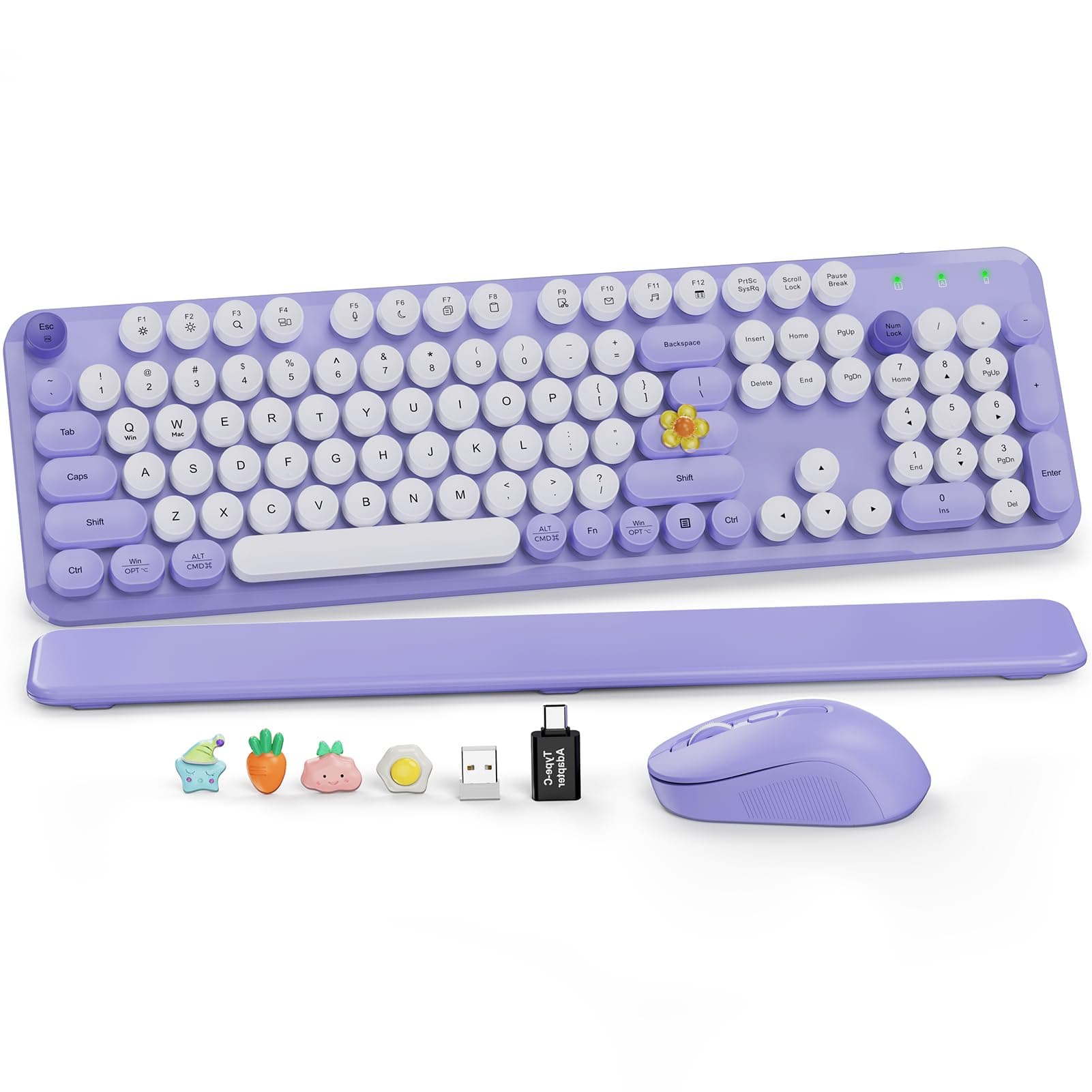 Wireless Keyboard and Mouse Combo, Retro Typewriter Keyboard, Detachable Hard Wrist Rest, Tilt Legs, Floating Round Keycaps, Auto Sleep Mode, Cute 2.4GHz Cordless Set for Mac/Windows/PC/Laptop-Purple