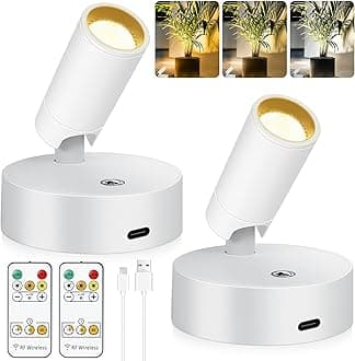 2 Pack Wireless LED Spot Lights Indoor Battery Operated with Remote, Rechargeable Up Lights Indoor with Timer＆Dimmable, 3CCT Picture Lights for Wall, SpotLights Accent Uplighting for Plant -White