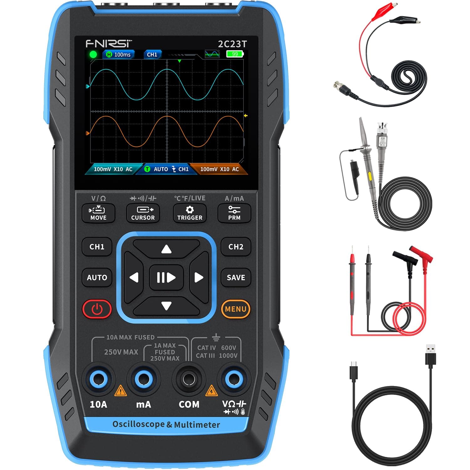 FNIRSI 2C23T 3 in 1 Handheld Oscilloscope Multimeter DDS Generator, 2 Channels, 10MHz Bandwidth, 50MSa/s Sampling Rate, 10000 Counts, Voltage, Current, Capacitor, Resistor, Diode Test