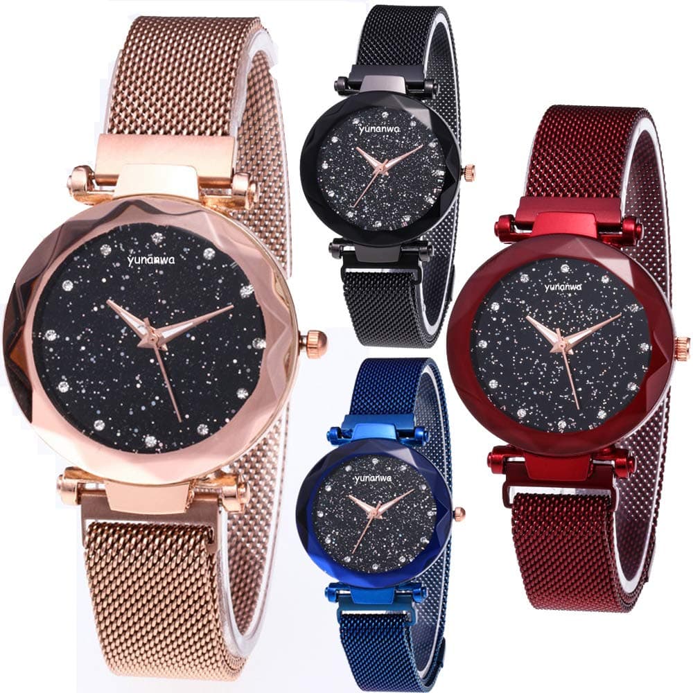4 Pack Women Ladies Watches, Starry Sky Magnet Buckle Dial Diamond Cutting Mesh Brand Straps Bracelet Wristwatch