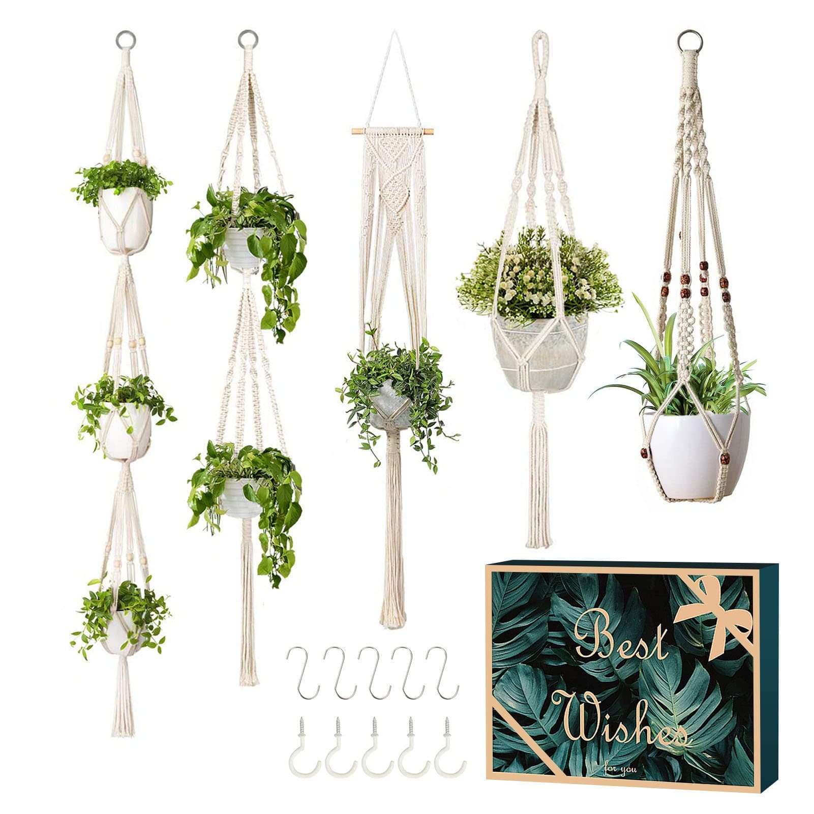 GROWNEER 5 Packs Macrame Plant Hangers with 5 Hooks, Different Tiers Handmade Cotton Rope Hanging Planters Set Flower Pots Holder Stand for Indoor Outdoor Boho Home Decor