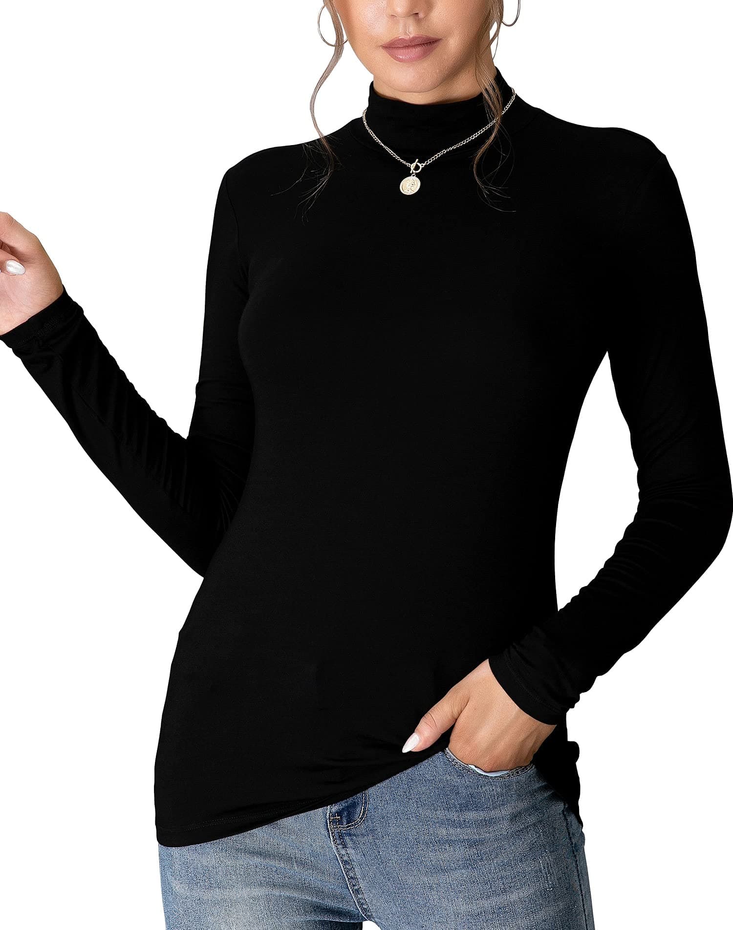 MANGDIUPWomen's Mock Turtleneck Long Sleeve Sleeveless Pullover Tops Slim Fit Basic T-Shirts