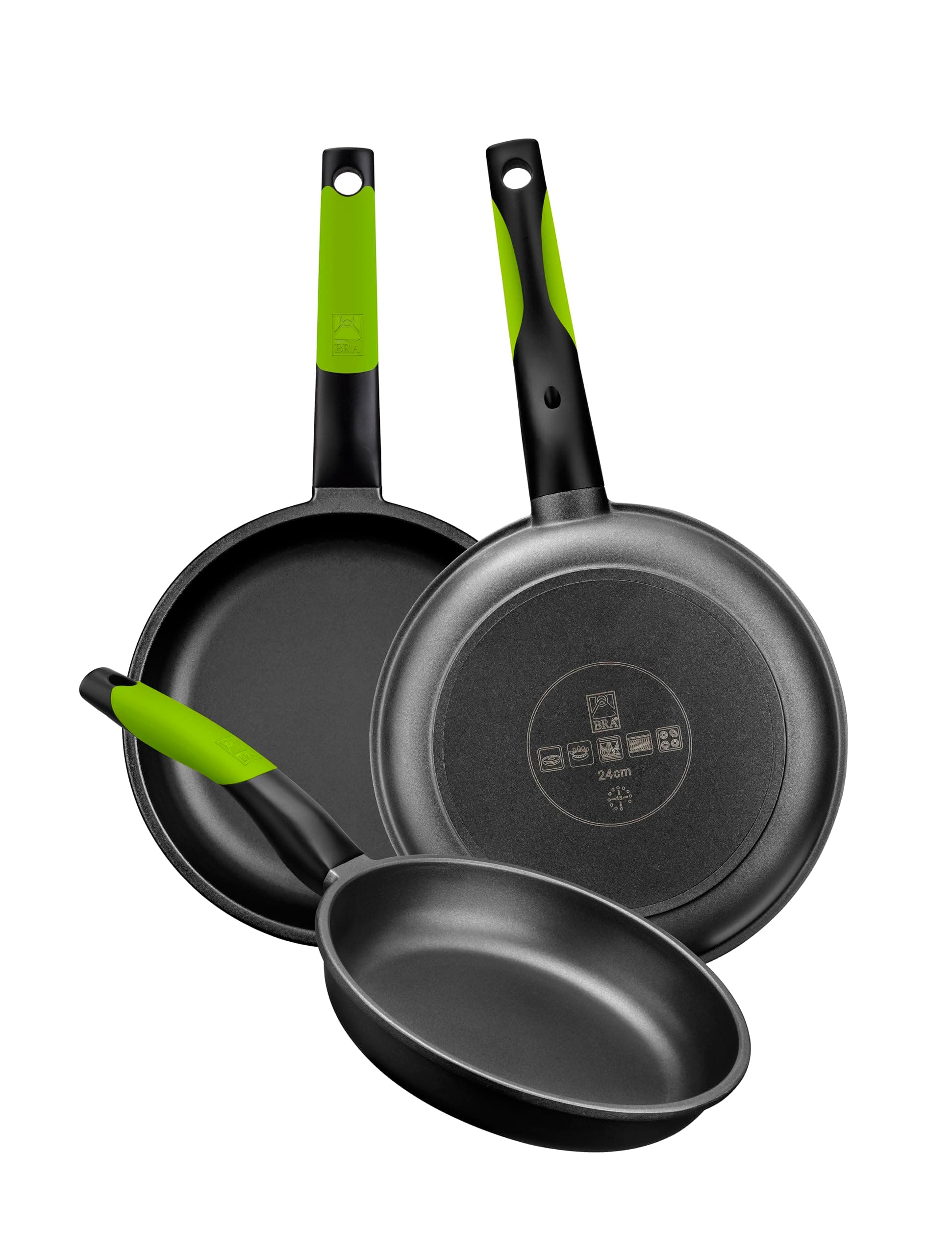 Braisogona Prior Cast Aluminum Non-Stick Frying Pans, Set of 3 Pans with 2 Trivets (18, 22 and 26 cm)