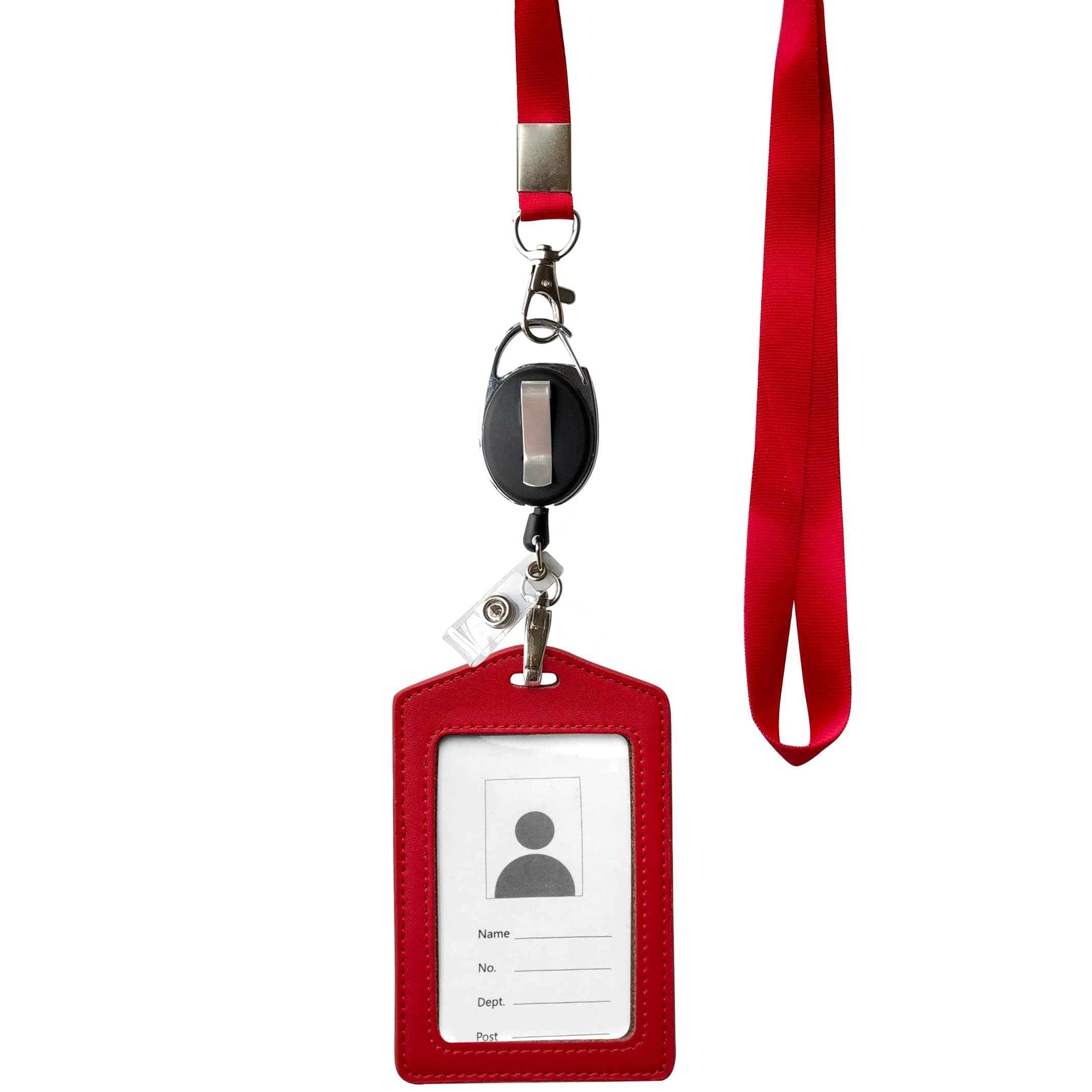 HoAoOo ID Card Case + Heavy Duty Lanyard (Red)+ Badge Holder Retractable Reel Carabiner and Plastic Clip (Soft Genuine Leather Case)