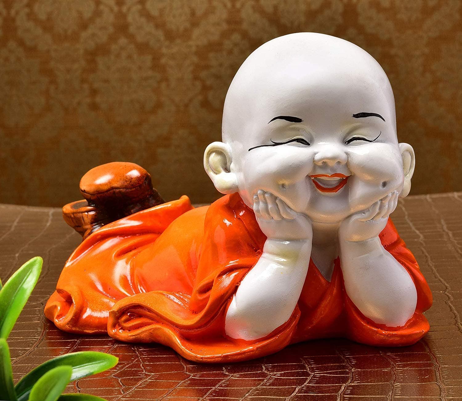 Resin Handcrafted Cute Child Monk Laughing Baby Buddha Statue Idol Showpiece Figurine for Home Office Decor Diwali Gifts for Family and Friends(Orange)
