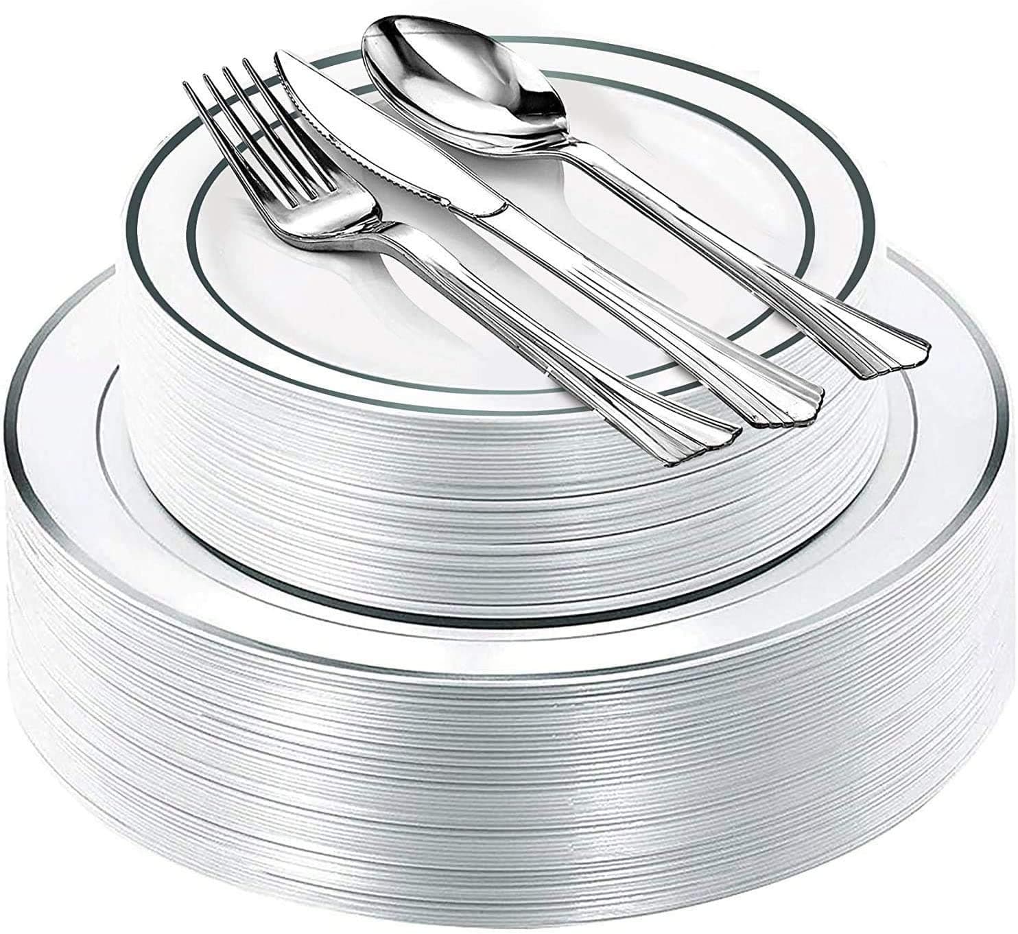 Fancy Disposable Plastic Plates with Cutlery 150 Piece Combo| 30x 10.25" + 30x 7.5" Real China Silver Rim Plates +30 Spoons +30 Forks +30 Knives Silverware for Party Wedding Events| Premium Heavy Duty