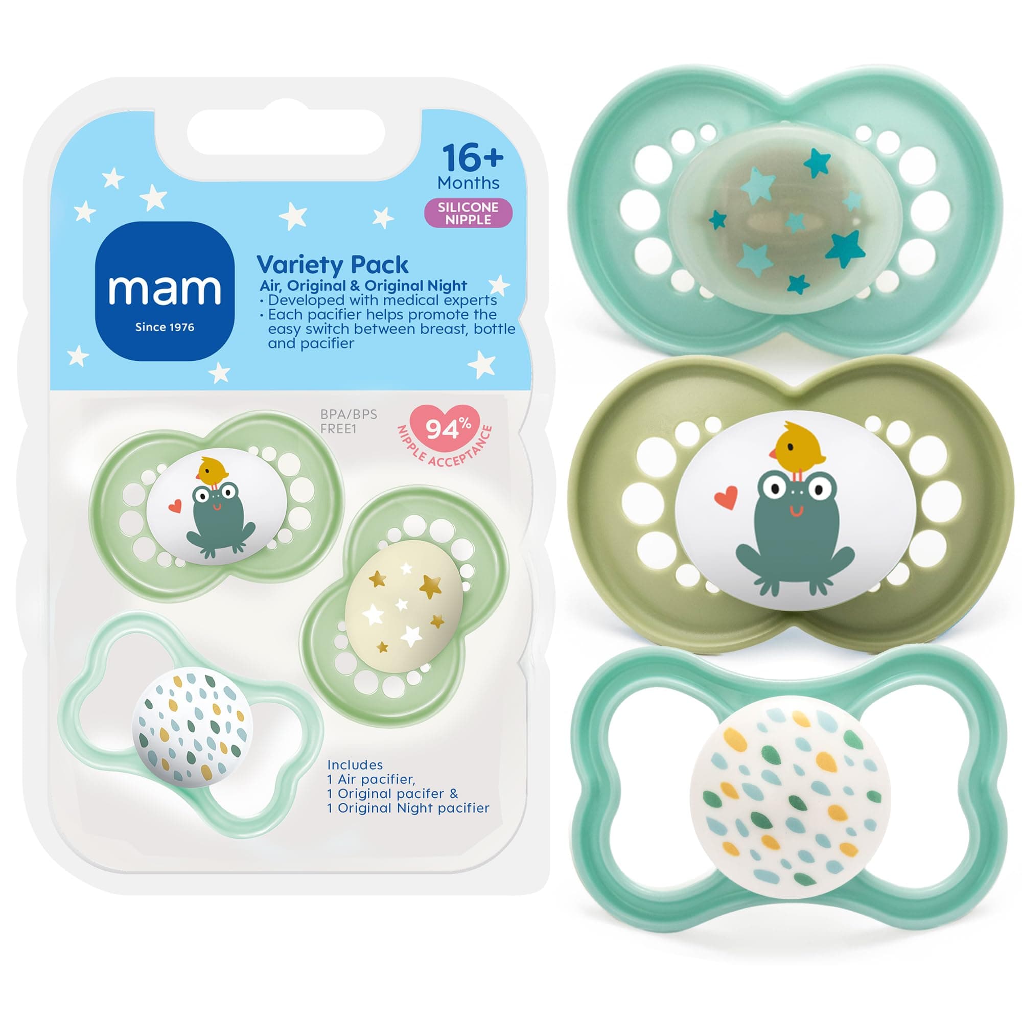 Pacifier, 16+ Months, Variety Pack (1 Original, 1 Air + 1 Night Pacifier), Unisex 3-Count
