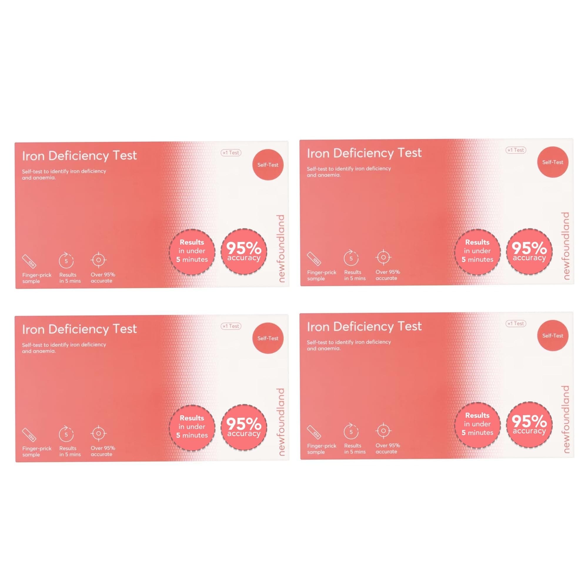 Newfoundland Iron Levels Test Kit - Anaemia Detection & Iron Deficiency - 99% Accurate Home Test for Iron Levels - Hemoglobin & Red Blood Cell Testing - CE Certified - Anaemia Test Kit 4 Pack