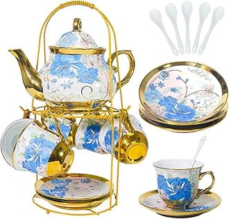 CHANJOON Gold Plated Red Rose Ceramic Tea Set, Vintage Tea Sets with Teapot, Beautiful Tea Set Coffee Serving 6 People (Blue Rose, large)