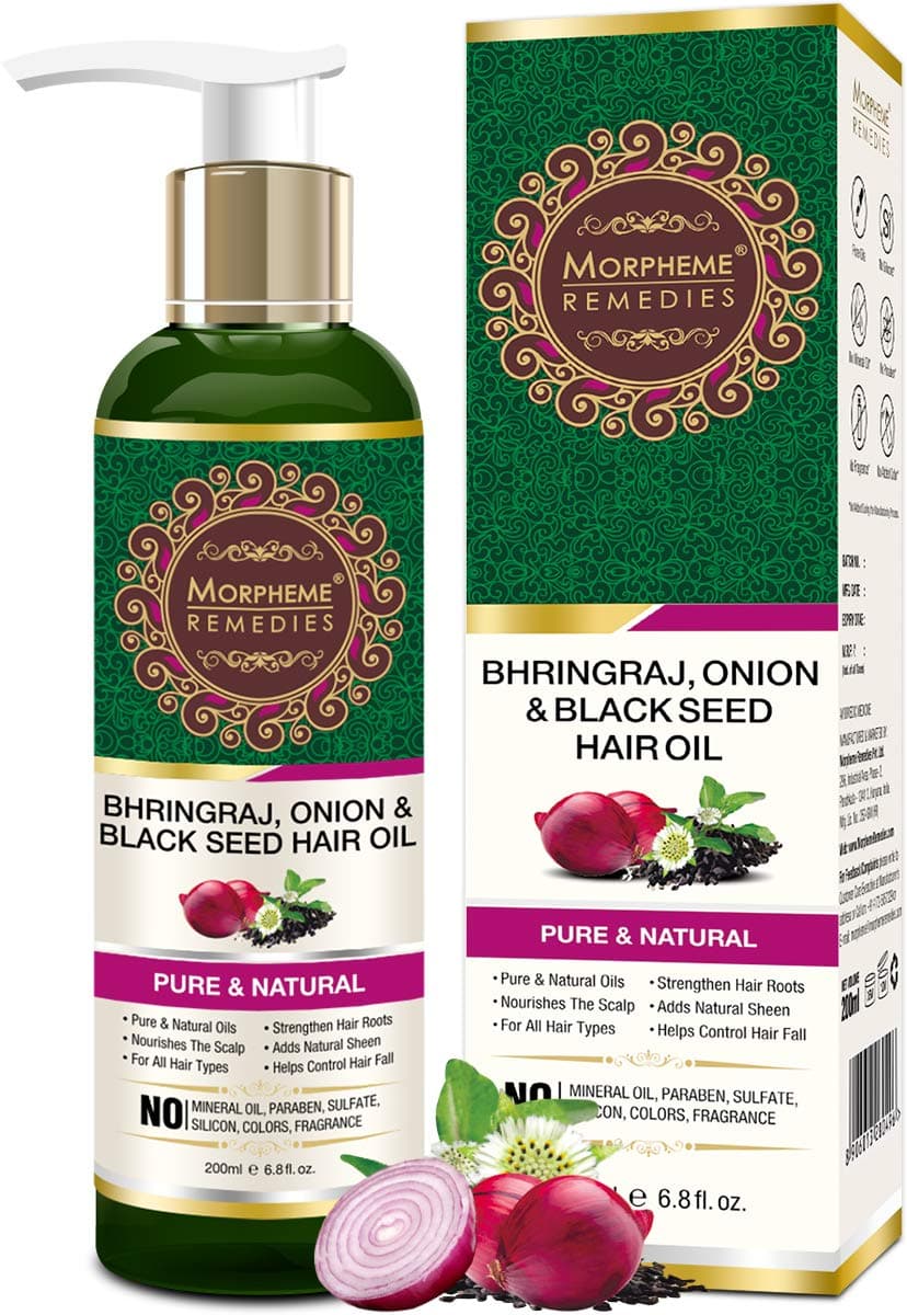 Morpheme Remedies Bhringraj, Onion & Black Seed Hair Oil - Supports Hair Growth - Controls Hair Fall - No Mineral Oil & Silicones, 200 ml (MORPH861)