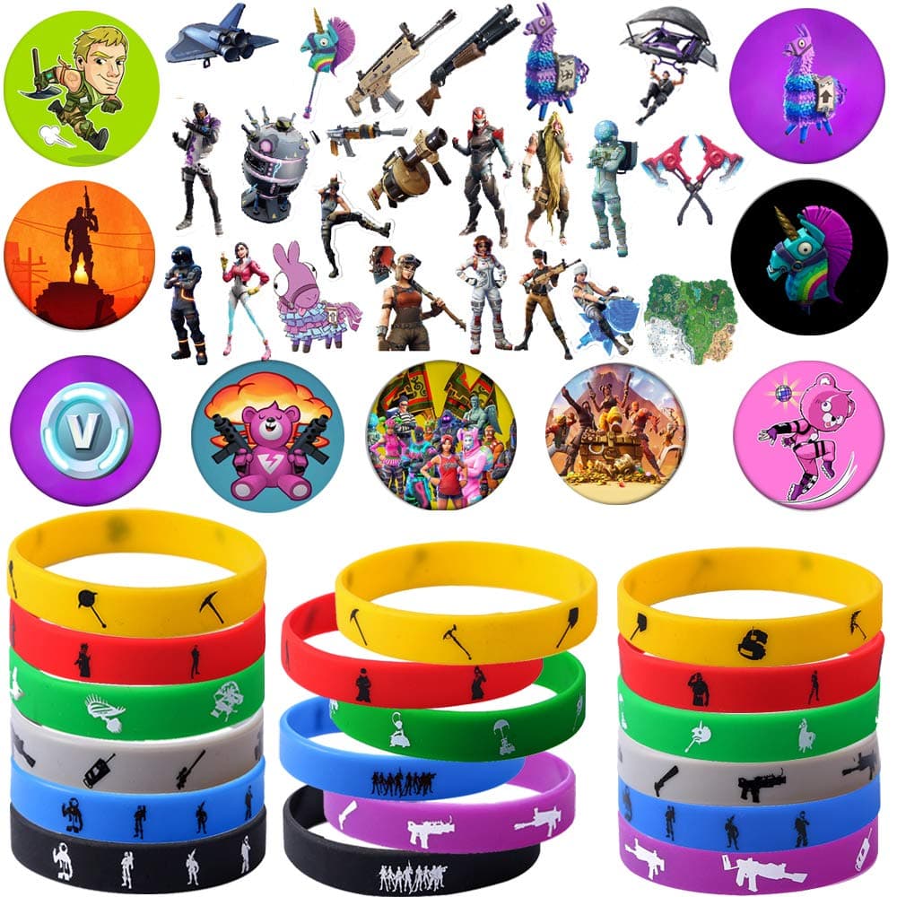 Game Party Supplies, 76 Pack Gaming Gift Set Party Favors - Include 24Pack Game Bracelet, 12 Pack Badge, Set of 40 Stickers for Kids+