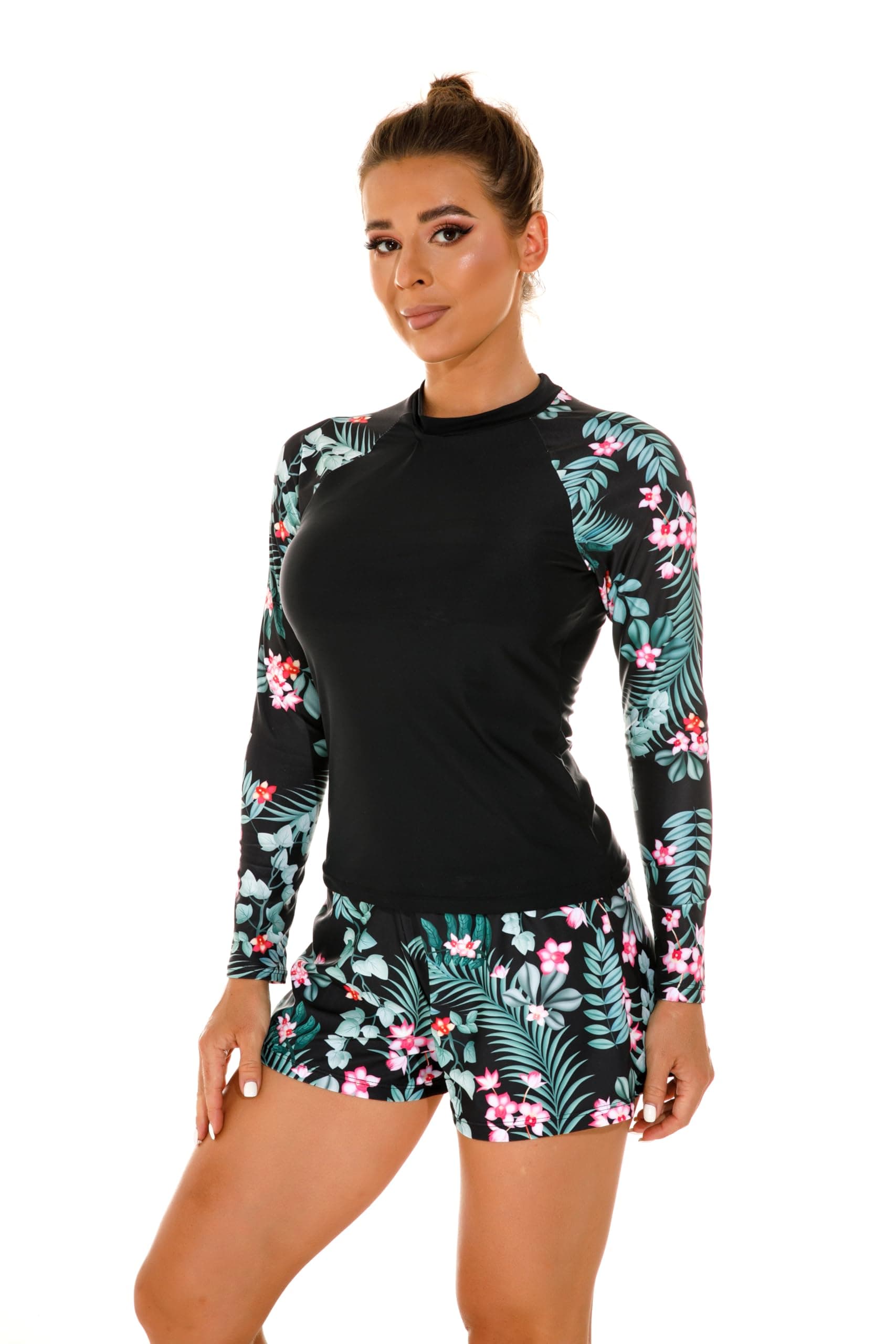 Women's Long Sleeves Rash Guard Athletic Swim Aztec Tankini Sets Swimsuit