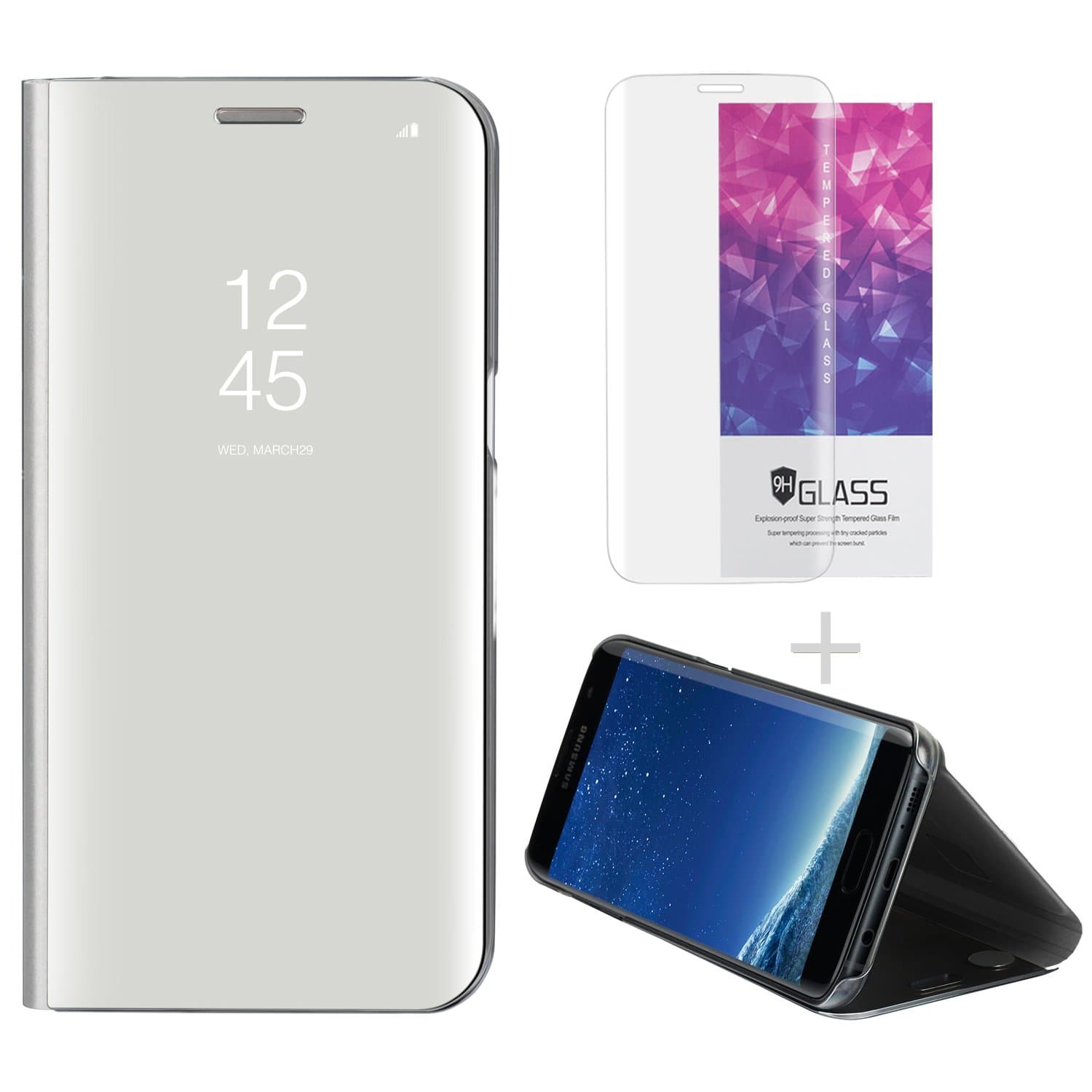 Hanglong Clear View Standing Cover Flip Case For Samsung Galaxy S7 Edge (With One Tempered Glass Screen Protector)-Silver