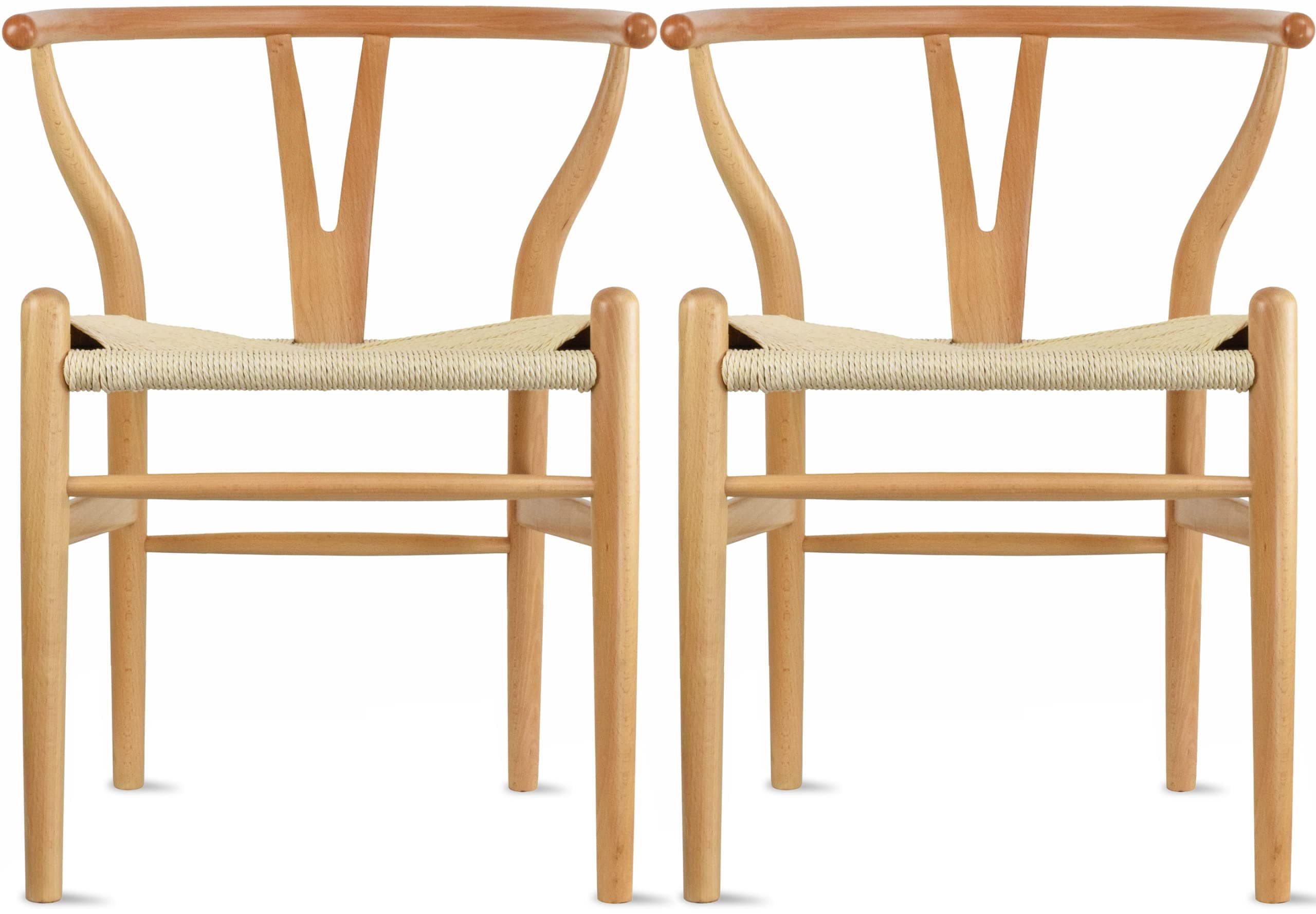 Set of 2 Wishbone Solid Wood Armchairs with Arms Open Y Back Farmhouse Dining Office Chairs with Woven Beige Seat (Natural Beige)