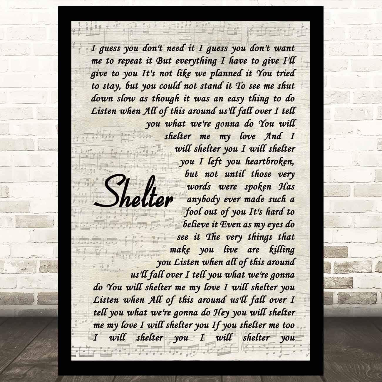 SISIDIER Shelter Song Lyric Vintage Script Quote Music Gift Wall Art Poster Print Birthday Present, Valentine Gift Framed 16x12 in