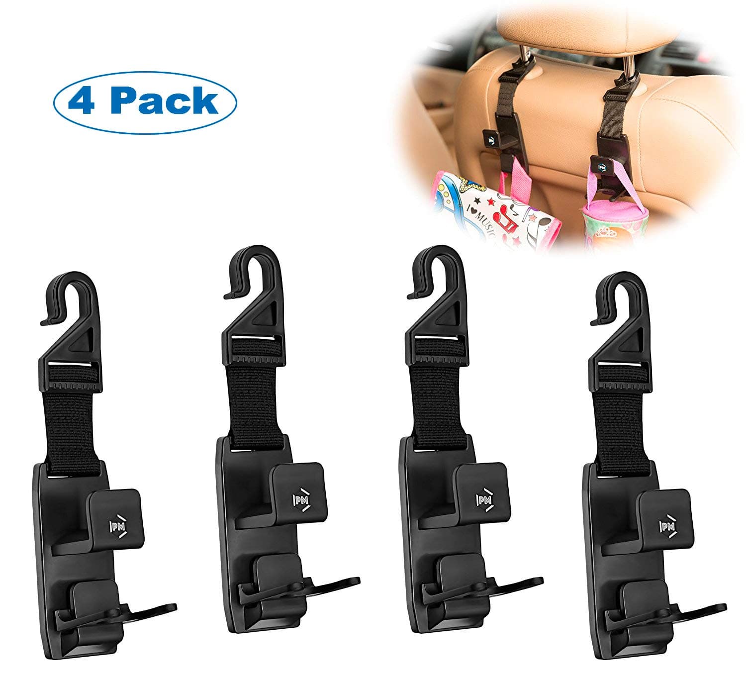 Magic Headrest Hooks for Car - Durable and Strong Backseat Headrest Hanger Storage for Handbag, Purse, Backpack and Grocery Bags, 4 Pack Universal Vehicle Car Seat Back Headrest Sturdy Hangers