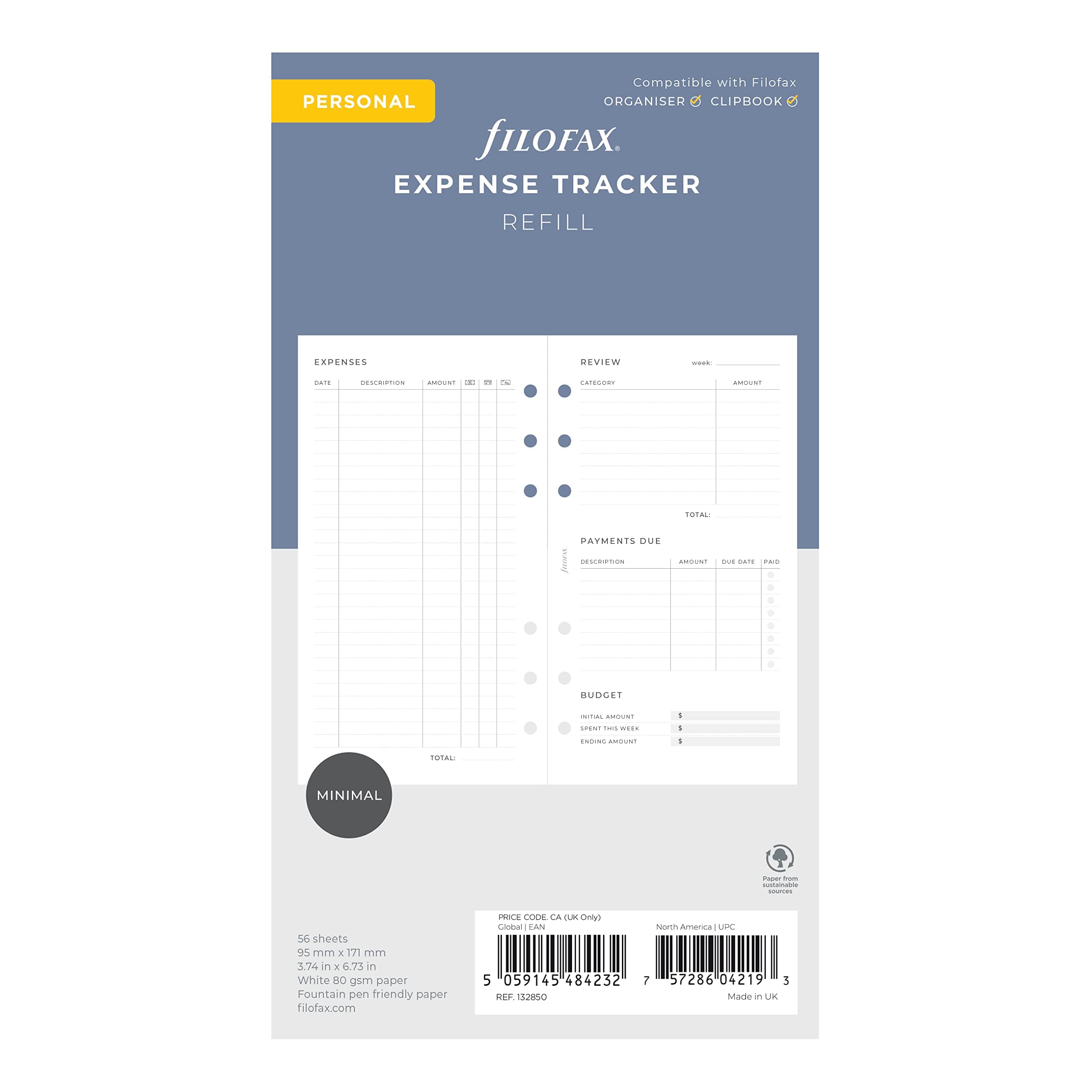 Lifestyle Refill, Personal Size, Organizer Refill, White Paper, Expense Tracker, 56 Sheets (B132850)