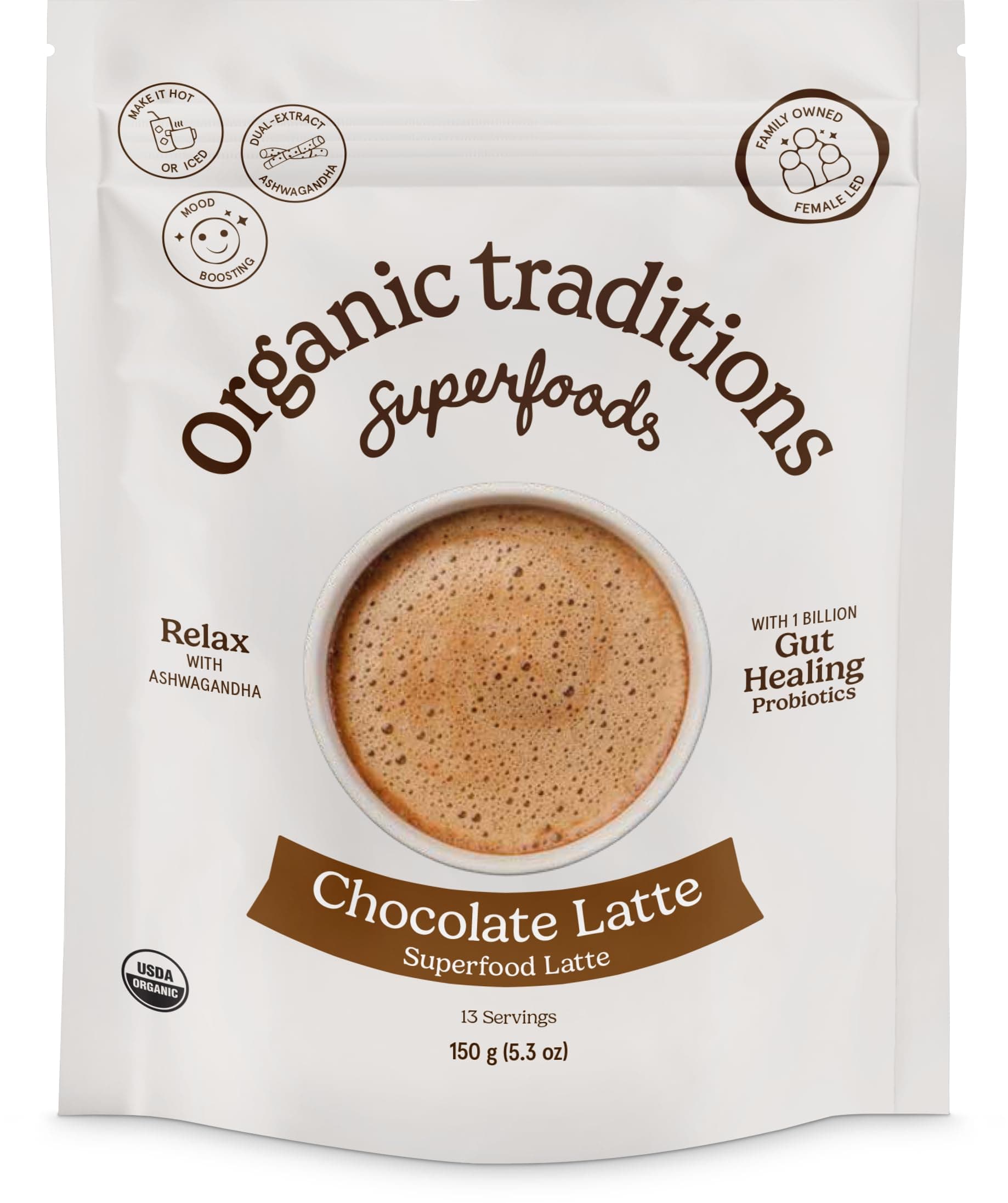 Superfood Chocolate Latte, Creamy Coconut Milk Blend, Organic Cacao With Ashwagandha, Warm Cozy Flavor, Lightly Sweetened, Superfood Powder With Probiotics, 150g / 5.3oz Bag