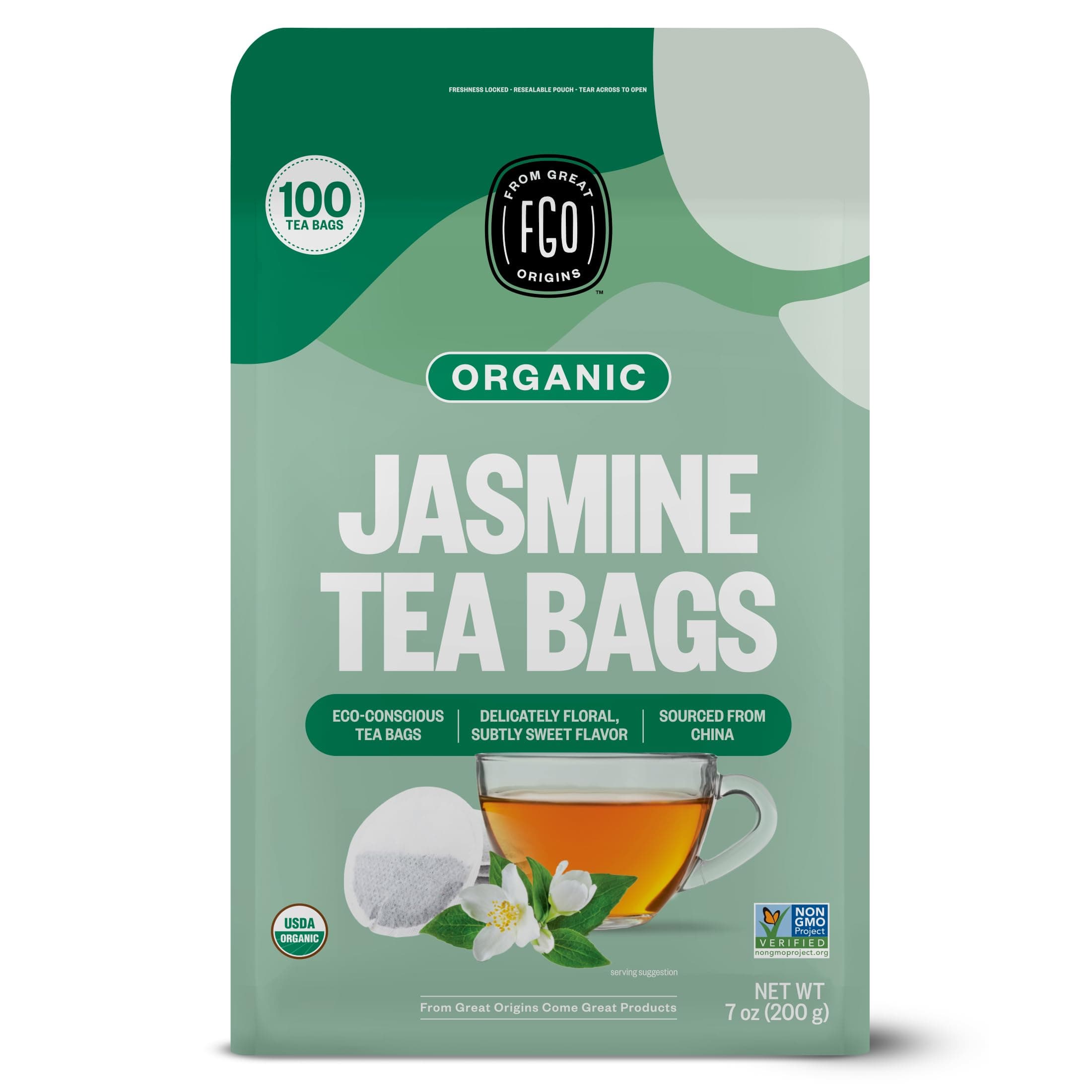 Organic Jasmine Green Tea, 100 Count, Eco-Conscious Tea Bags,Resealable Bag, Packaging May Vary (Pack of 1)