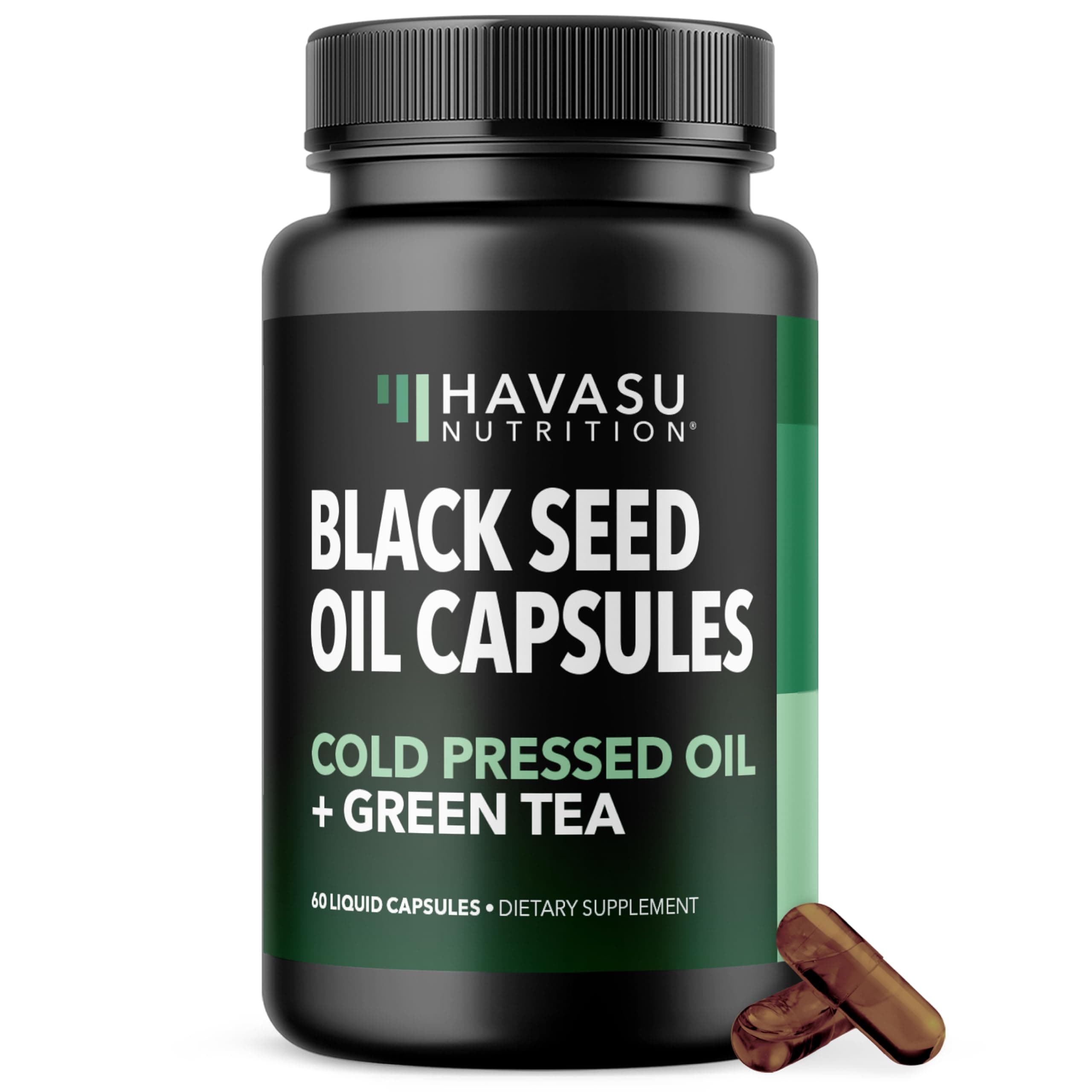 Cold Pressed Black Seed Oil Liquid Capsules with Green Tea Extract for Energy and Digestive Health Support - 60 Count - Nigella Sativa Supplement - Unflavored, Vegan, Non-GMO - 1 Month Supply
