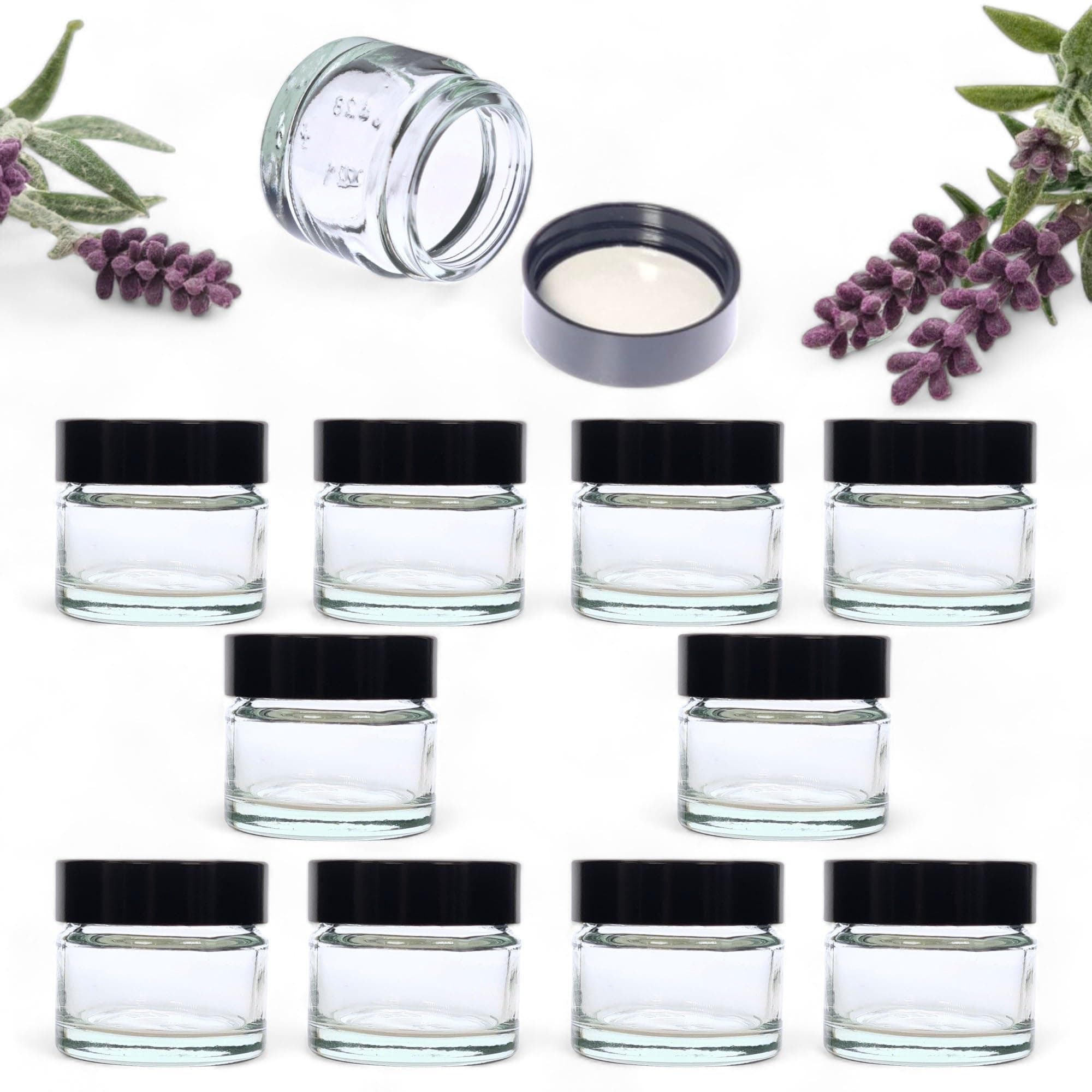 AVALON 10 PACK 15 ml / 0.5 oz Clear Glass Jars with Airtight Black Lids, Empty Refillable Cosmetic Containers, Glass Pot for Storage of Lotions, Face Creams, Ointment and Make Up