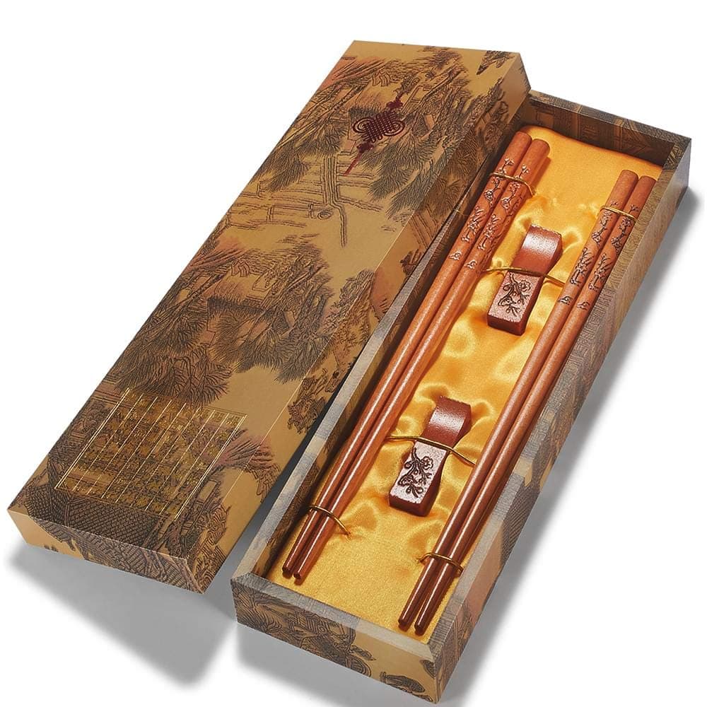 Chopstick Reusable Chinese Plum Blossom Chopsticks with Holder and Carrying Bag Chinese Traditional Stylish Gift Set（2 Pairs）
