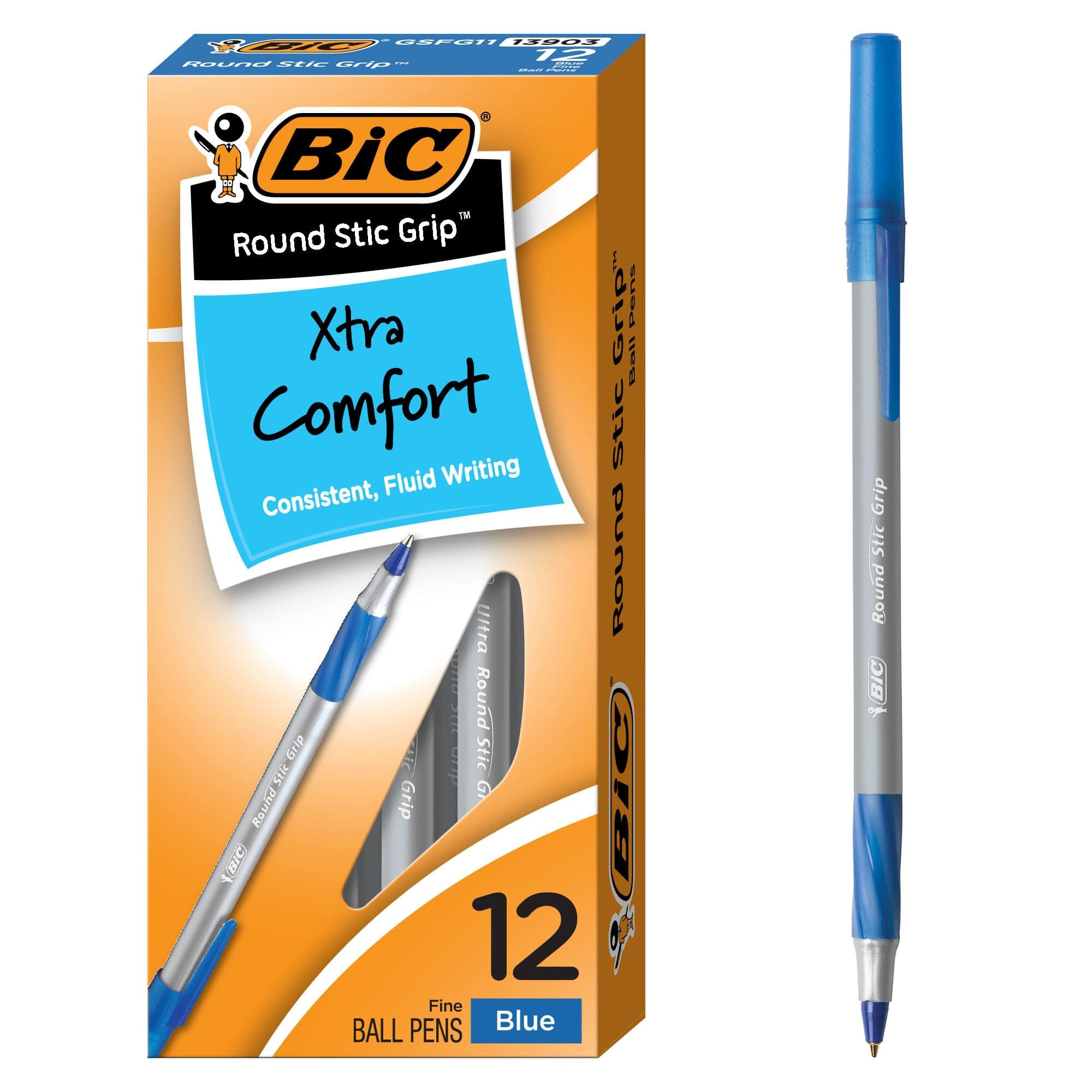 Round Stic Grip Ball Pen, Fine Point, 0.8mm, Blue, 12 Pens (GSFG11-Blu)