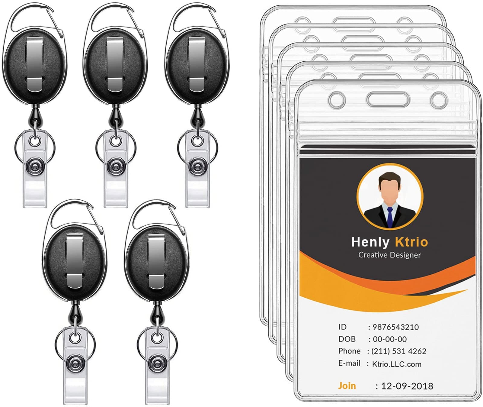 KTRIO ID Badge Holders with Clip Badge Reels - Vertical Clear Plastic ID Card Holders (2.5" x 3.4") - Retractable 24" Pull Cord for Office, School, 5 Pack