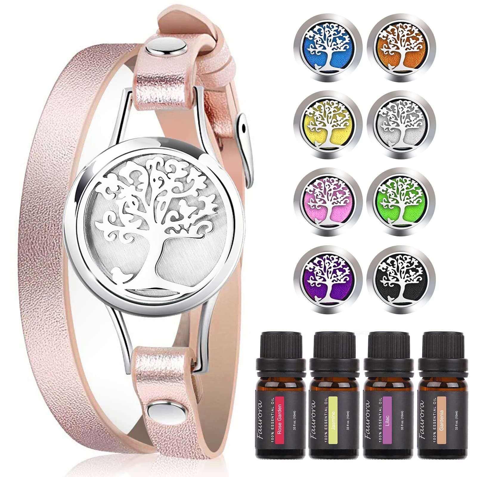 Faurora Essential Oil Diffuser Bracelet Aromatherapy Essential Oil 10ML, Stainless Steel Locket Adjustable Bracelet Set with 8 Refill Pads, Unique Gift Ideas for Girls, Women, Friend, Mom at Christmas