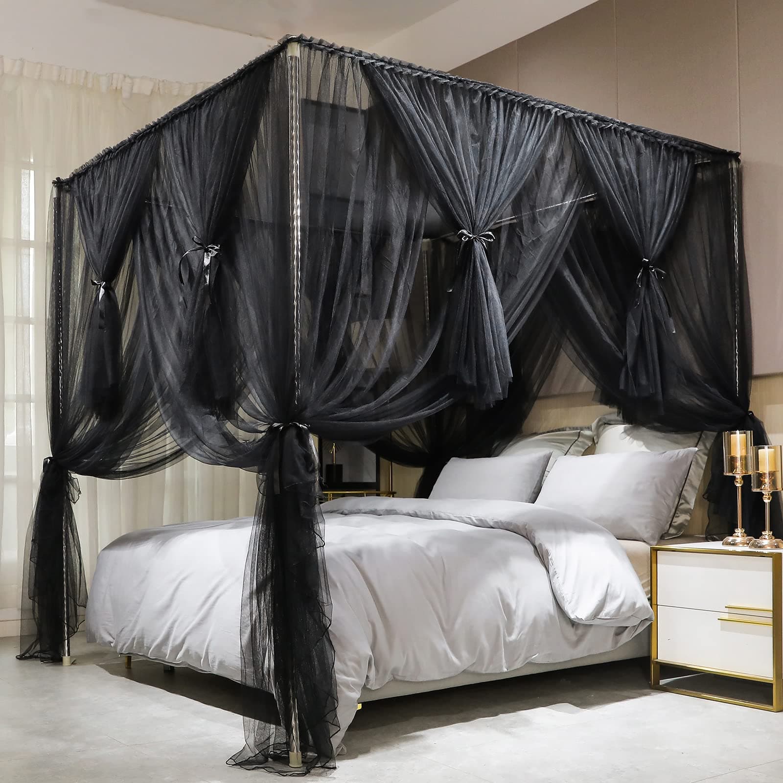 Joyreap 4 Corners Post Canopy Bed Curtain Black- King Size Royal Luxurious Cozy Drapes Netting- Elegant Bedroom Decoration Accessories for Adults