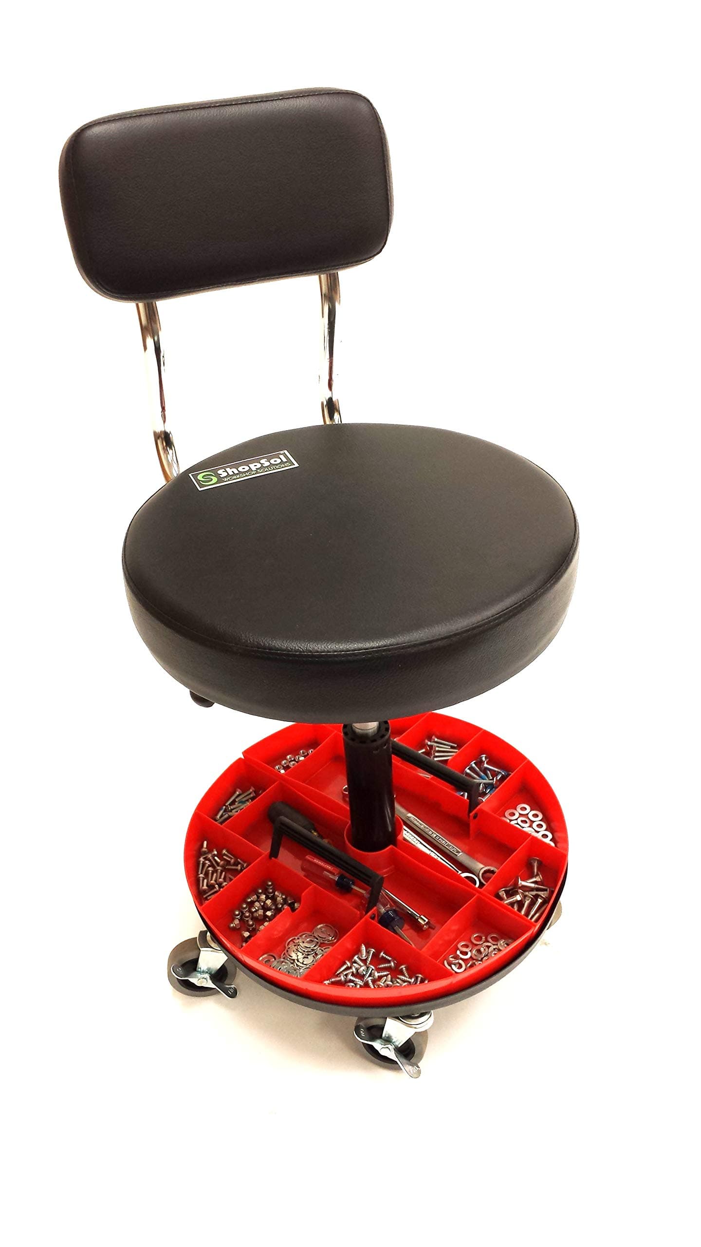 ShopSol1010277 Mechanics Trolley Stool with Backrest and Removable Parts Tray, 300-Pound Capacity