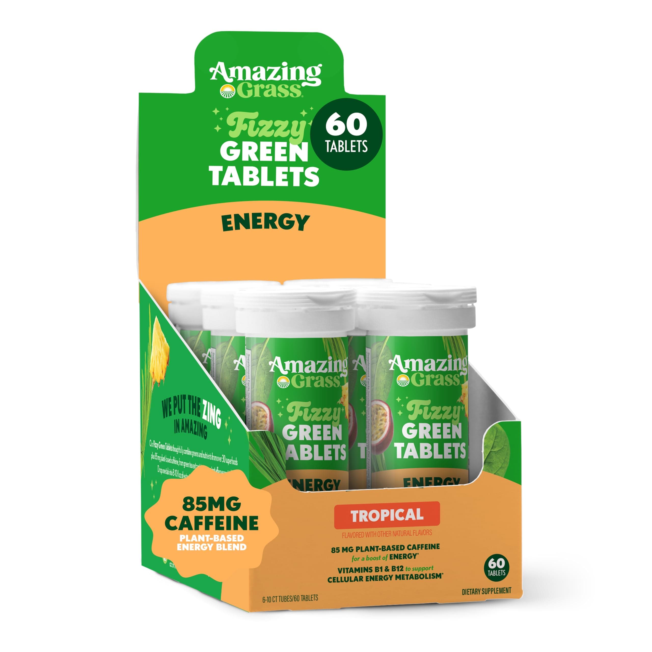 Amazing Grass Fizzy Green Tablets Energy Tropical: Greens + Green Tea Caffeine, Water Flavoring Tablet with Antioxidants, 60 Count