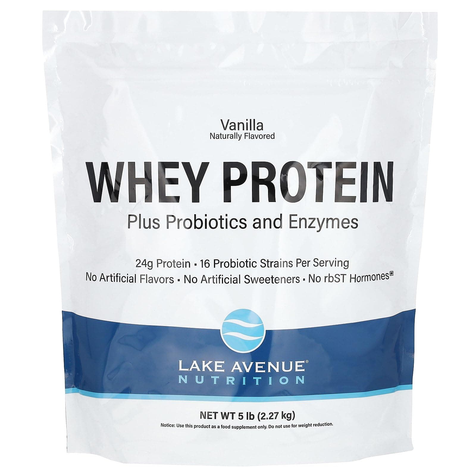 Lake Avenue Nutrition Whey Protein + Probiotics, Vanilla Flavor, 5 lb (2.27 kg)