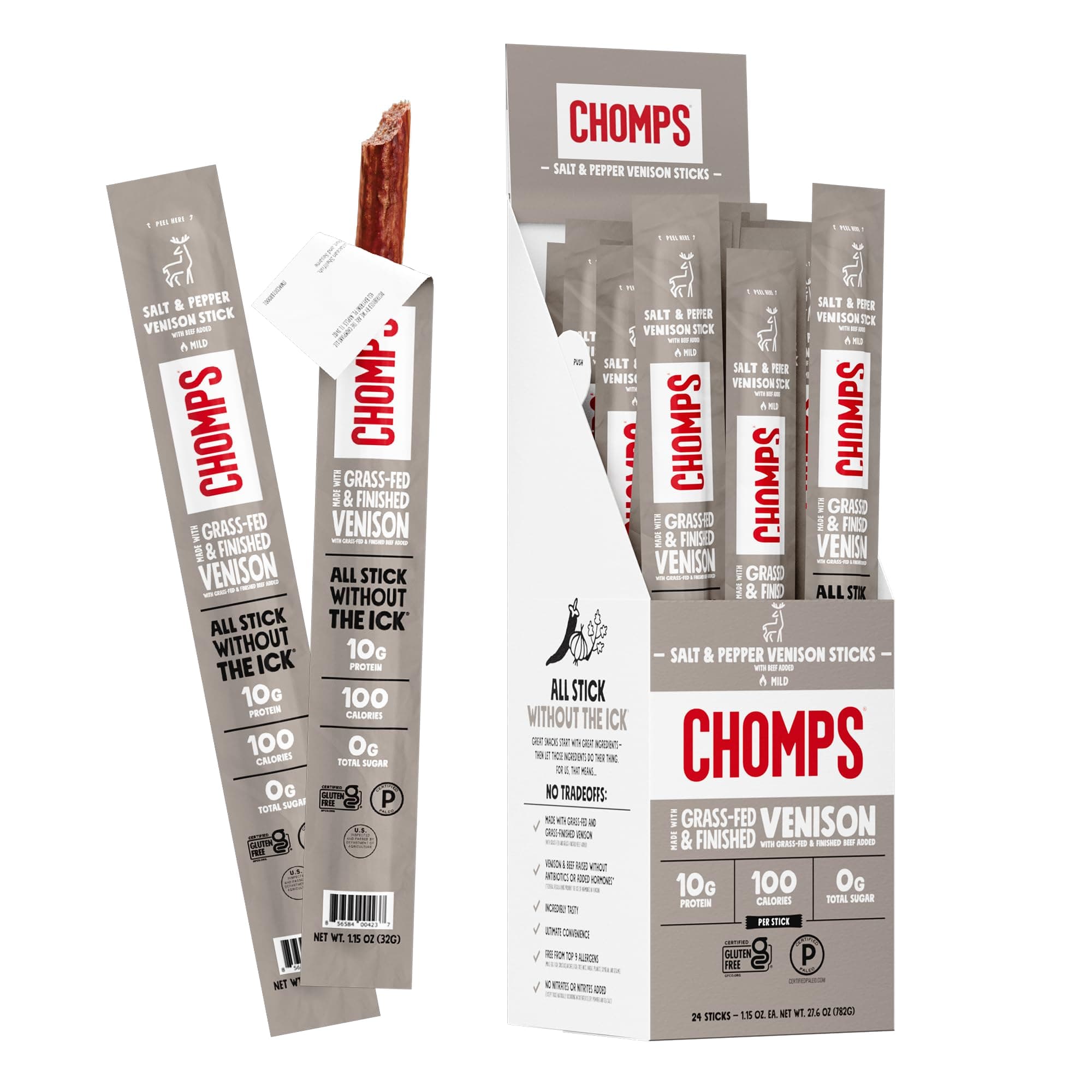 Chomps Grass Fed Venison Jerky Snack Sticks, Keto & Paleo, Whole30 Approved, Non-GMO, Gluten Free, Sugar Free, Nitrate Free, 90 Calorie Snacks, 1.15 Oz Meat Stick, Pack of 24