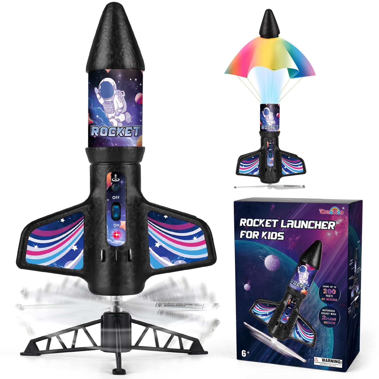 Dreamon Rocket Toy for Children, Motorised USB Rocket Launcher with Parachute LED Light, Rocket Toy Outdoor Toy Space Gifts Children 6 7 8 9