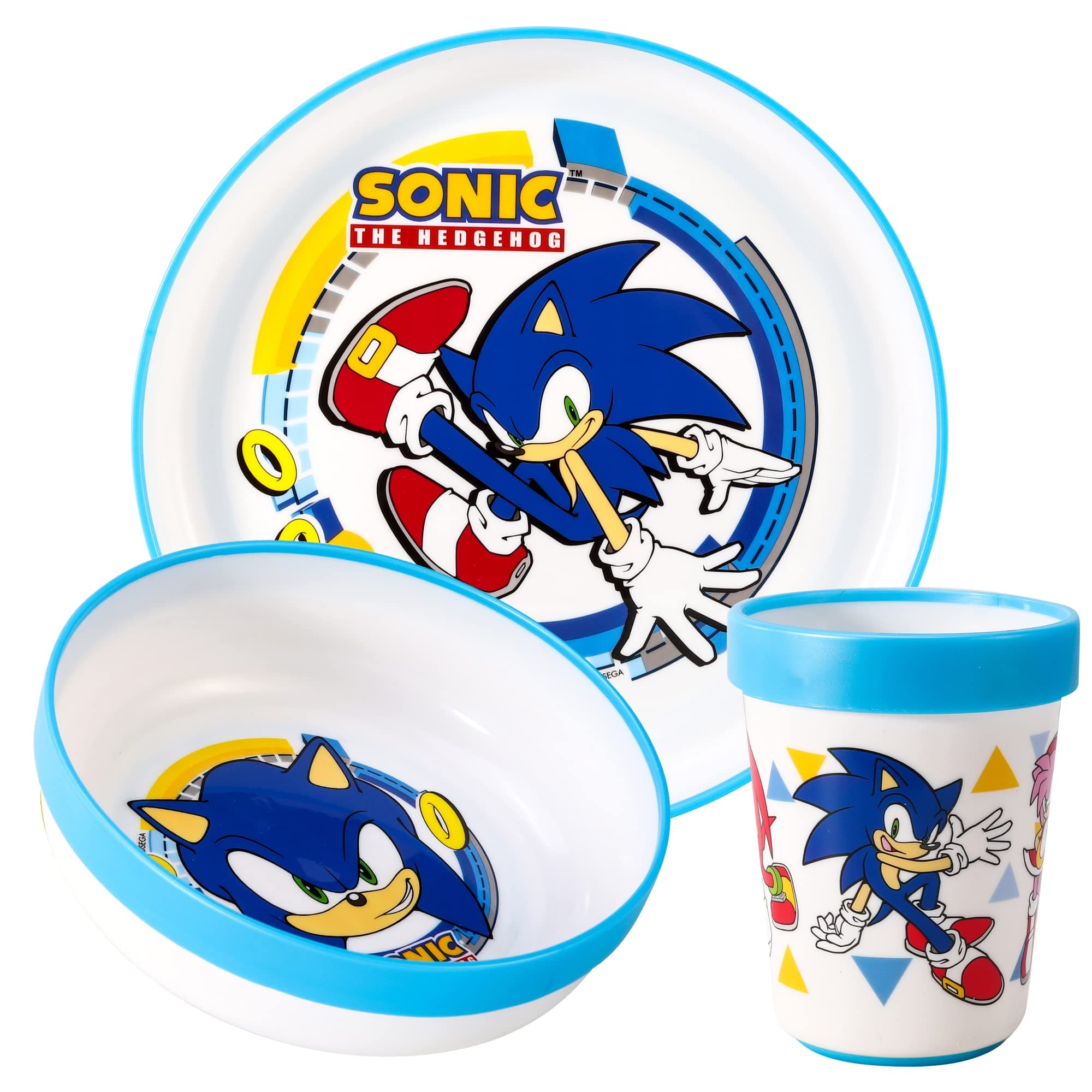 Sonic The Hedgehog 3pcs Reusable Bicolor Premium Kids Dinner Tableware Set Plate, Bowl & Tumbler, BPA Free