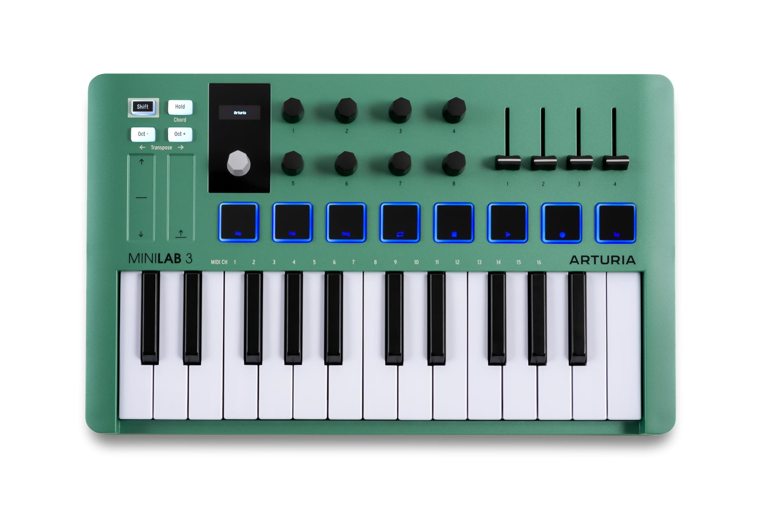 MiniLab 3 — Limited Edition Mint Green 25 Key USB MIDI Keyboard Controller With 8 Multi-Color Drum Pads, 8 Knobs and Music Production Software Included