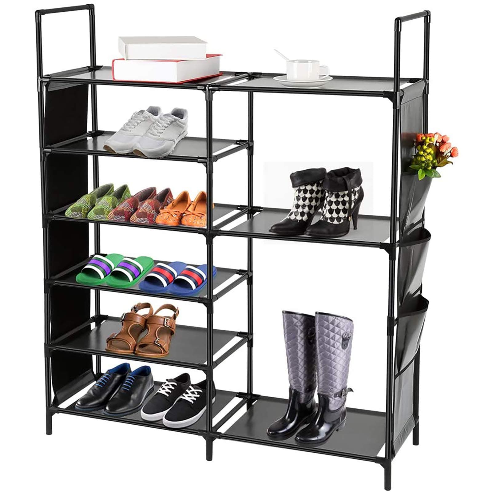 DazHom 6-Tier Shoe Rack, Shoe Storage Organizer Non-Woven Fabric, Stackable Shoe Tower Rack, Portable Closet Boot Organizer Rack, Shoe Racks Space Saving, Metal Durable Shelves Holds 20-25, Black