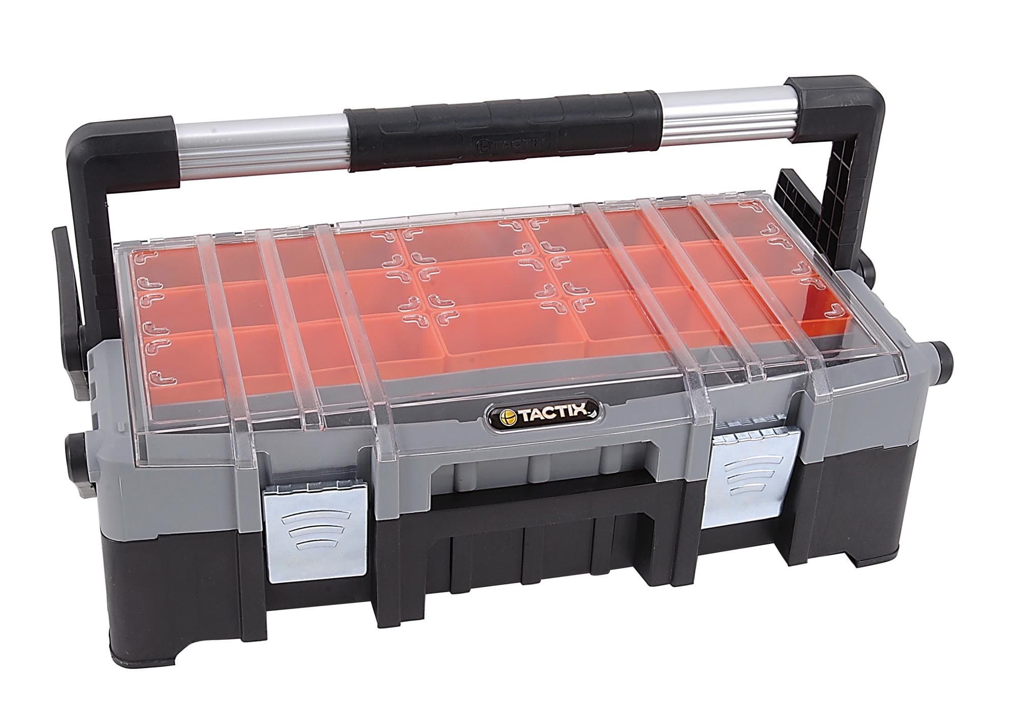 Tactix 22 Inches Portable Cantilever Tool Box Organizer, Removable Compartments, aluminum handle, Steel latches, size: 56W x 30.5 D x 16.5H cm- 320300