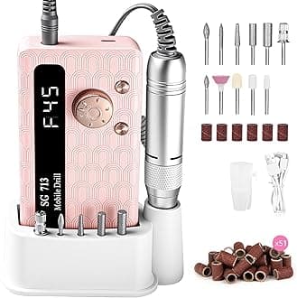 Electric Nail Drill - 45000RPM Portable Nail Drill丨Rechargeable Nail E-File Kit with 11 Bits & Base丨LED Screen丨Ultra-Silent, Rechargeable Nail Drills Machine for Acrylic Nails Gel Polishing(Pink)