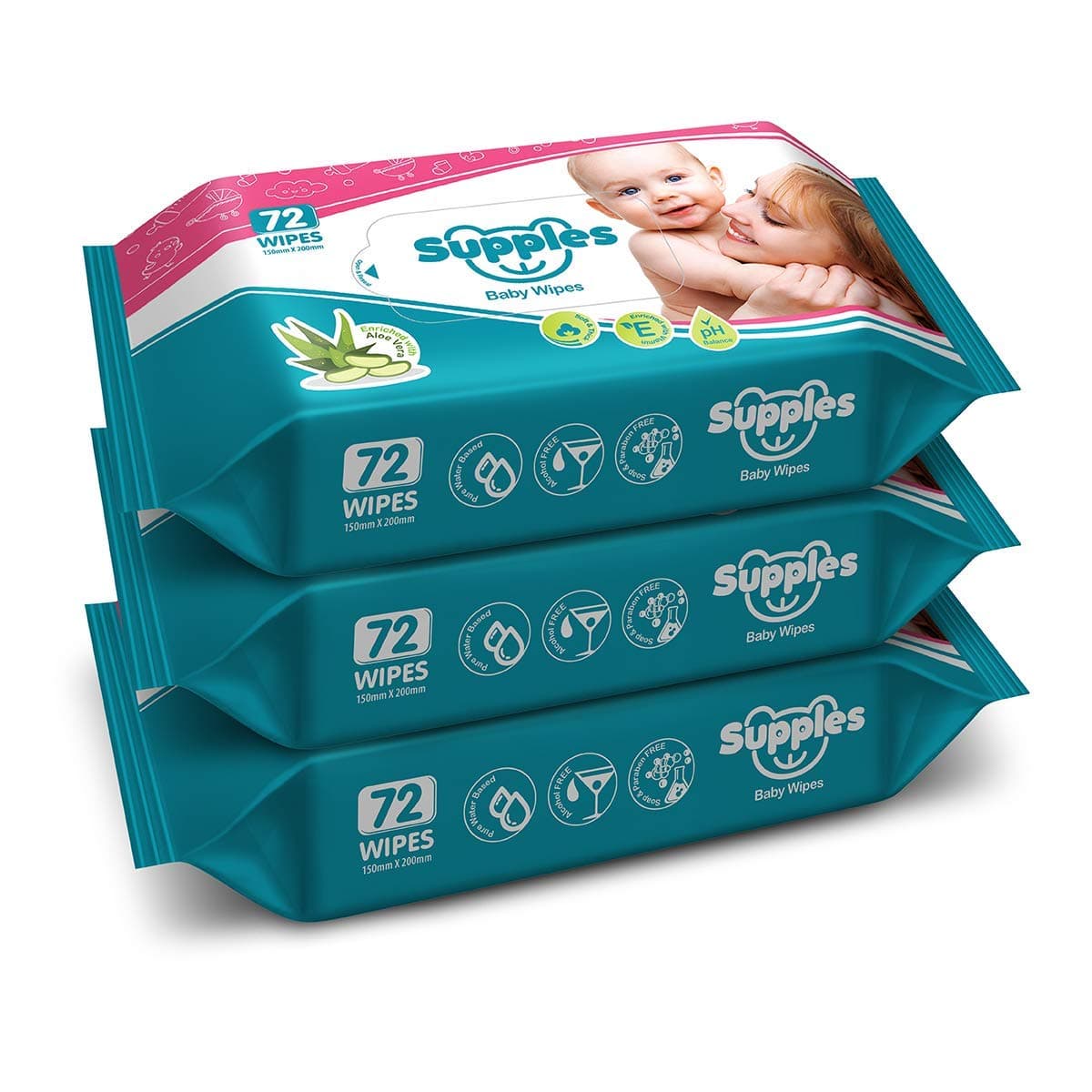 Amazon Brand - Supples Baby Wet Wipes | 216 Wipes | 72 Wipes x 3 Packs | Enriched With Aloe Vera and Vitamin E | Alcohol-free and Paraben-free | Pure Water-Based Formulation