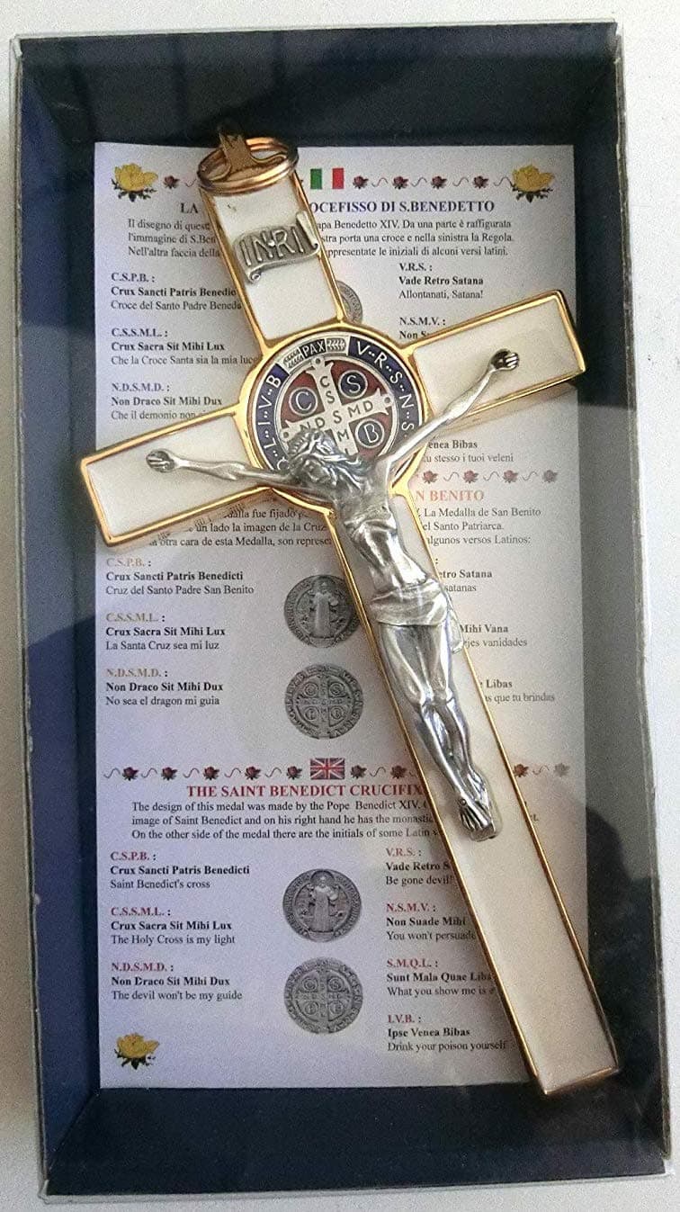 10.004.21 CROSS CRUCIFIX MEDAL SAINT ST. BENEDICT ENAMELED WHITE EXORCISM GOLD PRAY PRAYER GIFT BOX SIZE 20 CM