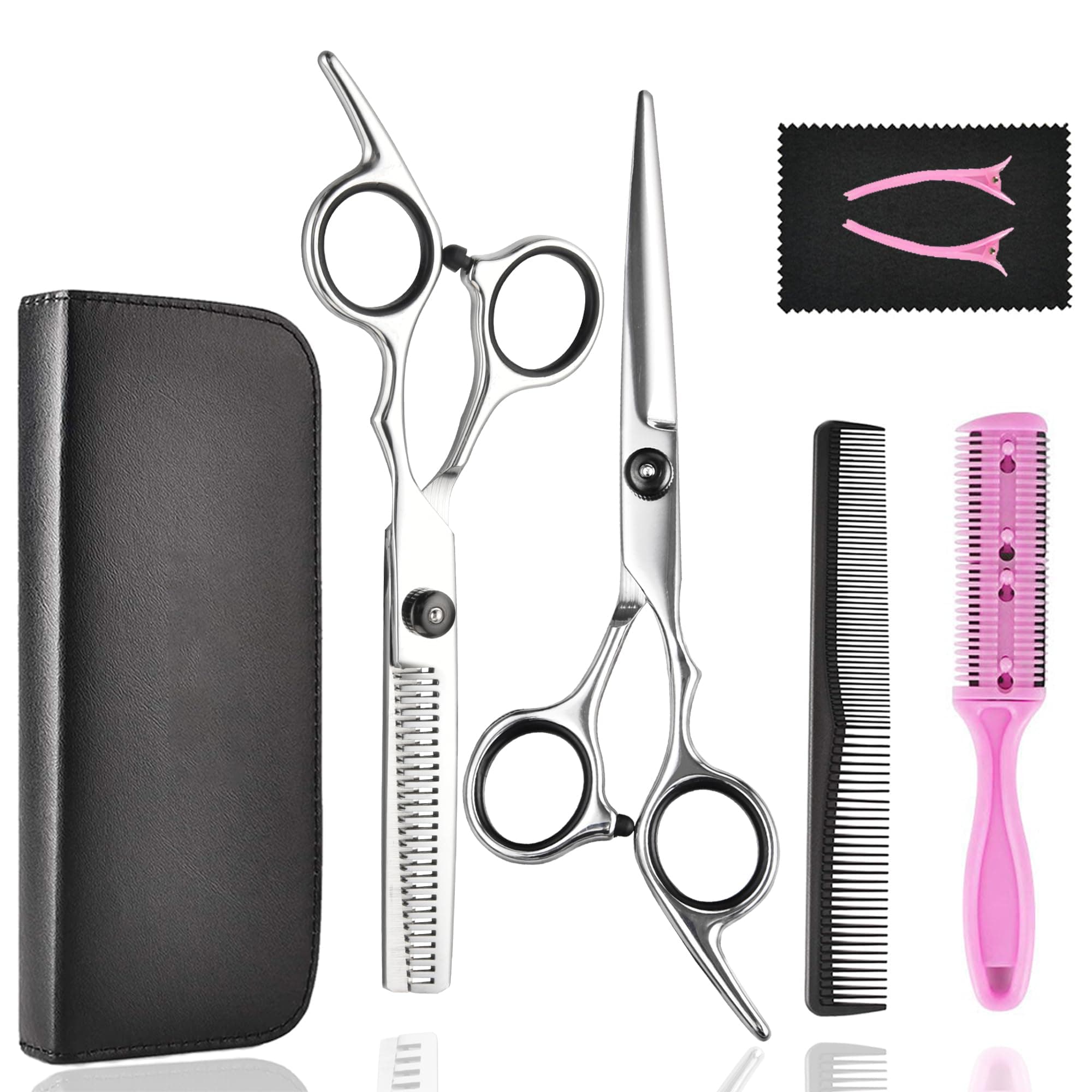 Hair Cutting Scissors Thinning Shears- Fcysy Professional Barber Sharp Hair Scissors Hairdressing Shears Kit with Haircut Accessories in Leather Case for Cutting Styling Hair for Women Men Pet- 7 Pcs
