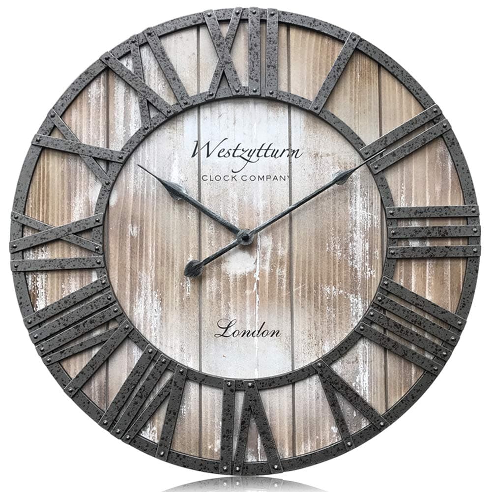Wood Wall Clock 18 inch Battery Operated Non Ticking Silent Large Decorative Antique Clock Metal Hands Round Rustic Clock ，Wooden Clocks for Bedrooms，Living Room，Office （Westzytturm Brand Pink）