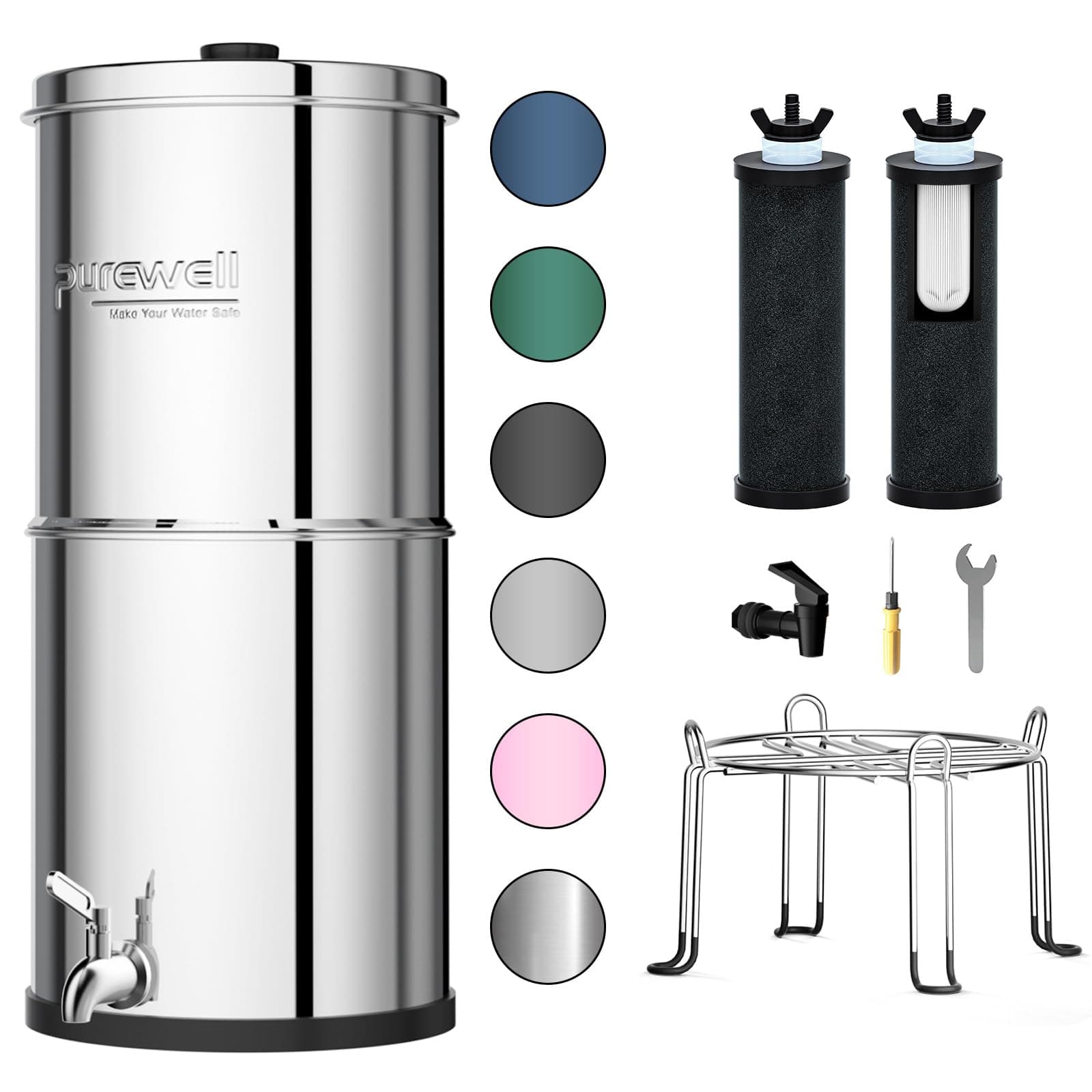 Purewell 2.25 Gallon Stainless Steel Gravity Water Filter System with 2 Black Purification Elements, Countertop Filtration System for Home and Outdoor Use
