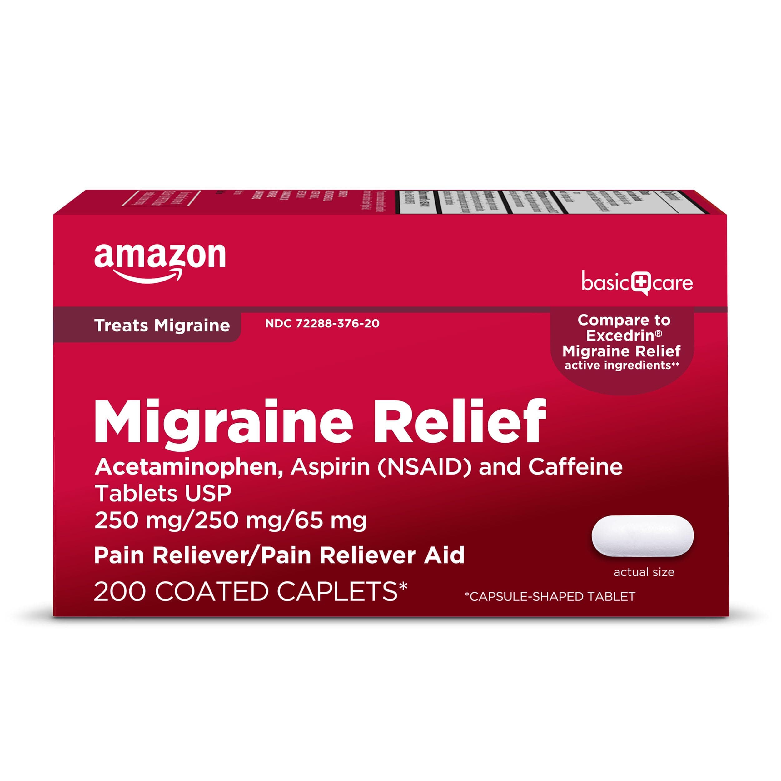 Amazon Basic Care Migraine Relief Acetaminophen, Aspirin (NSAID) and Caffeine Tablets, Pain Reliever/Pain Reliever Aid, 200 Count