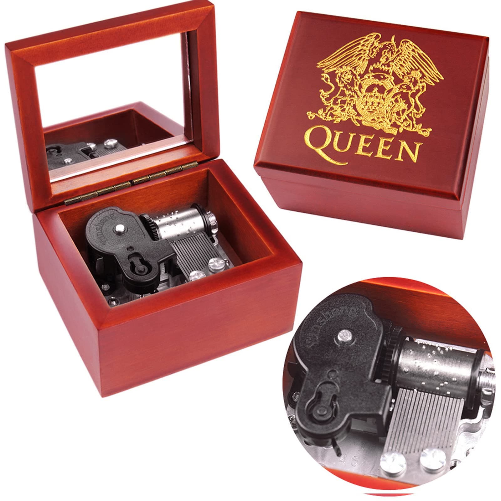Sinzyo Boîte à musique en bois gravé avec miroir boîte à musique Noël, anniversaire, Saint Valentin cadeau(Red wooden box with mirror, Melody: Queen-Bohemian Rhapsody)
