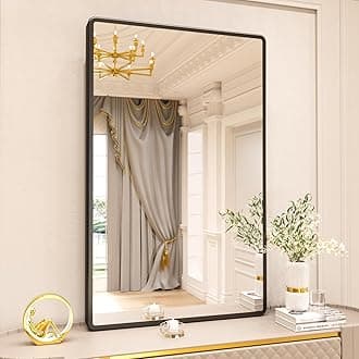 New Upgrade Bathroom Mirror, 28X36 Inch Black Metal Frame Wall Mounted Rounded Rectangle Bathroom Vanity Mirror with Tempered Glass for Washroom Bedroom Living Room