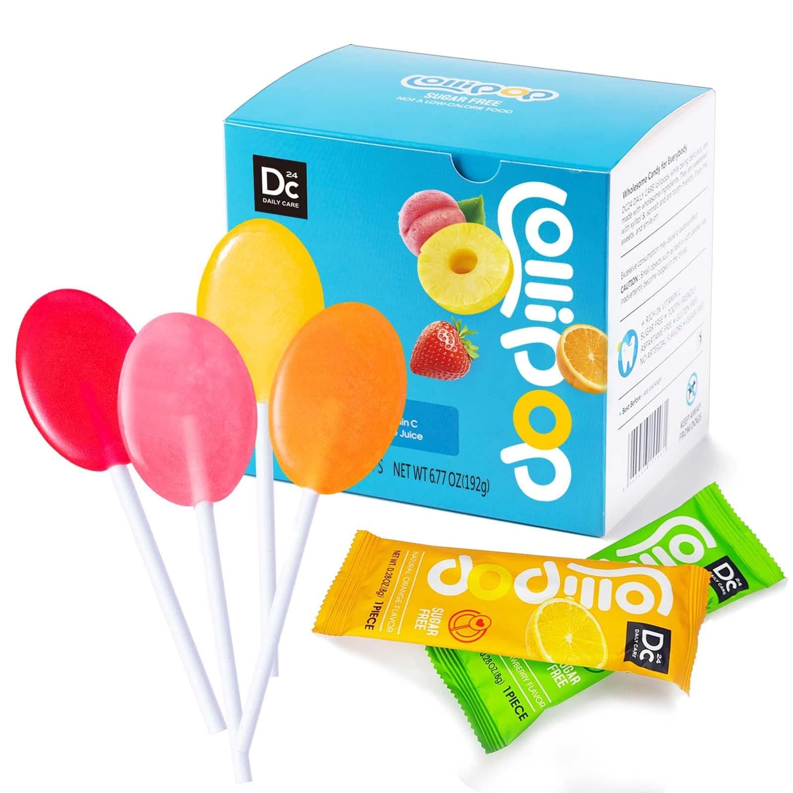 Sugar Free Lollipops with Vitamin C, Healthy Suckers with Xylitol, Assorted Fruit Flavored Hard Candy for Kids, Non-GMO, Gluten Free, 24 Count